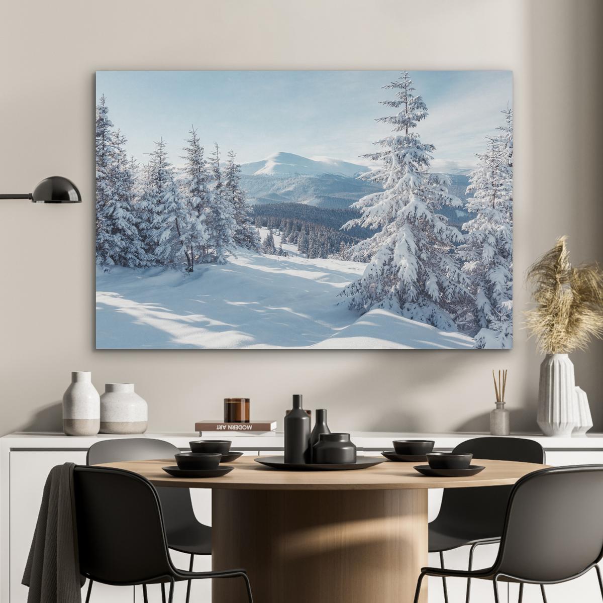 AKUSTIKBILD Winterlandschaft - Natur - Berge - Bäume - Schnee Wandbild Wohnzimmer 100x70 cm - Hellblau, Kunststoff (100/70/0.9cm) - MuchoWow