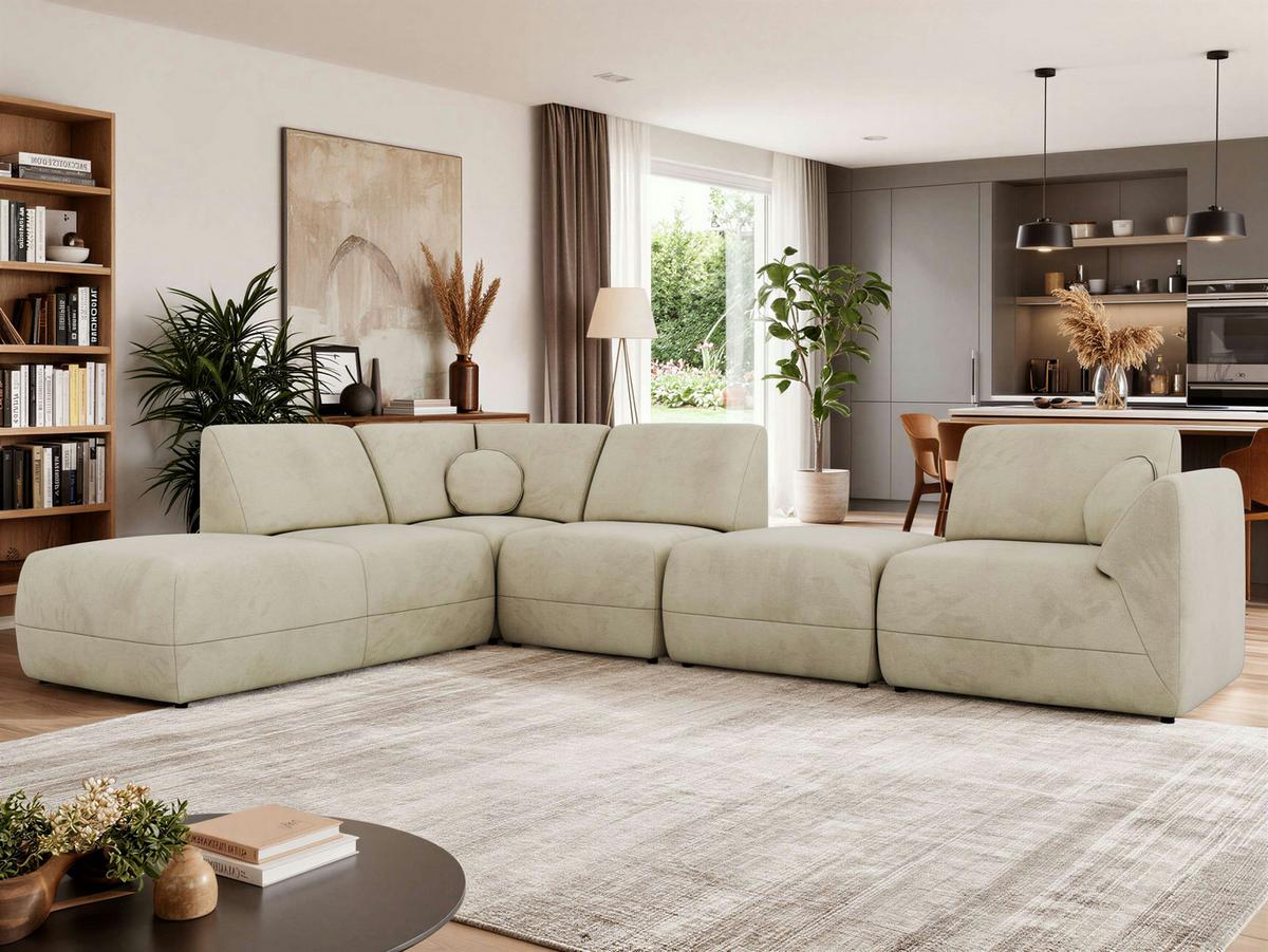 ECKSOFA NOARA 6M L Beige Velvet - Links - Beige/Schwarz, Kunststoff/Textil (244/355cm) - MKS
