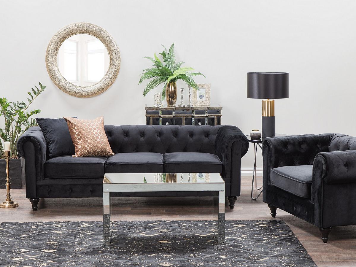 3-SITZER-SOFA Samtstoff Schwarz Chesterfield - Schwarz, Textil (201/70/75cm) - Beliani
