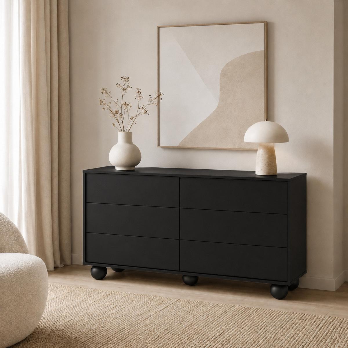 KOMMODE Adel mit 6 Schubladen und runden Füßen, 154 cm, Griffloss, Schwarz - Schwarz, Holzwerkstoff (154/81/38cm) - Beautysofa