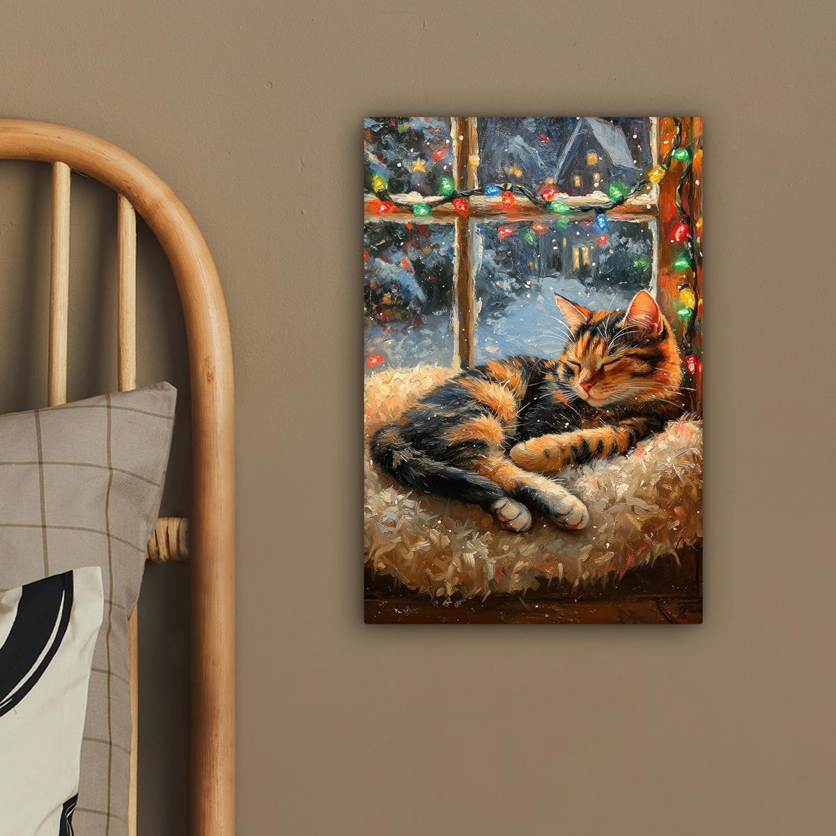 LEINWANDBILD Katze - Weihnachten - Winter - Tier Deko Wohnzimmer 20x30 cm - Bernsteinfarben, Textil (20/30cm) - MuchoWow