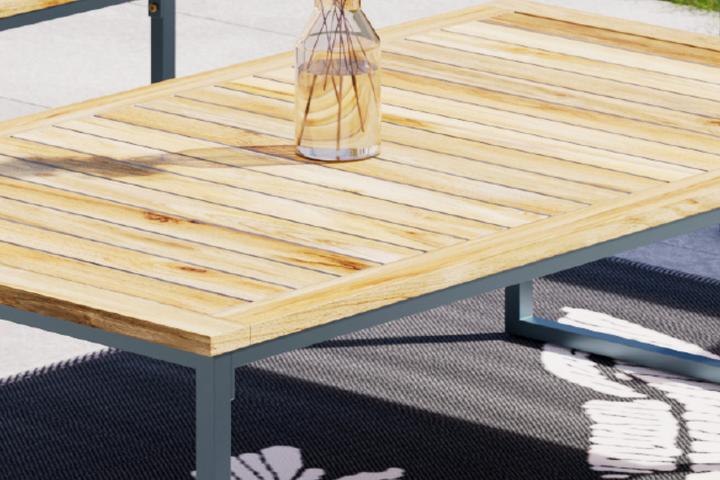 Loungegarnitur Tisch rechteckig massivem Akazienholz mit gekalkter Oberfläche Gestell Eisen pulverbeschichtet