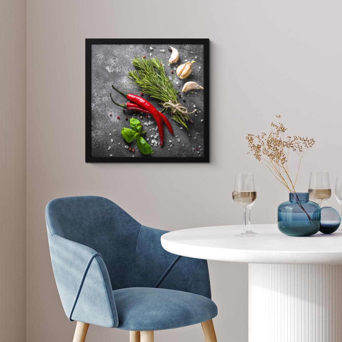 POSTER MIT RAHMENGERAHMTES BILD Pfeffer - Kräuter - Gewürze - Beton 40x40 cm - Dunkelgrau, Papier (40/40cm) - MuchoWow