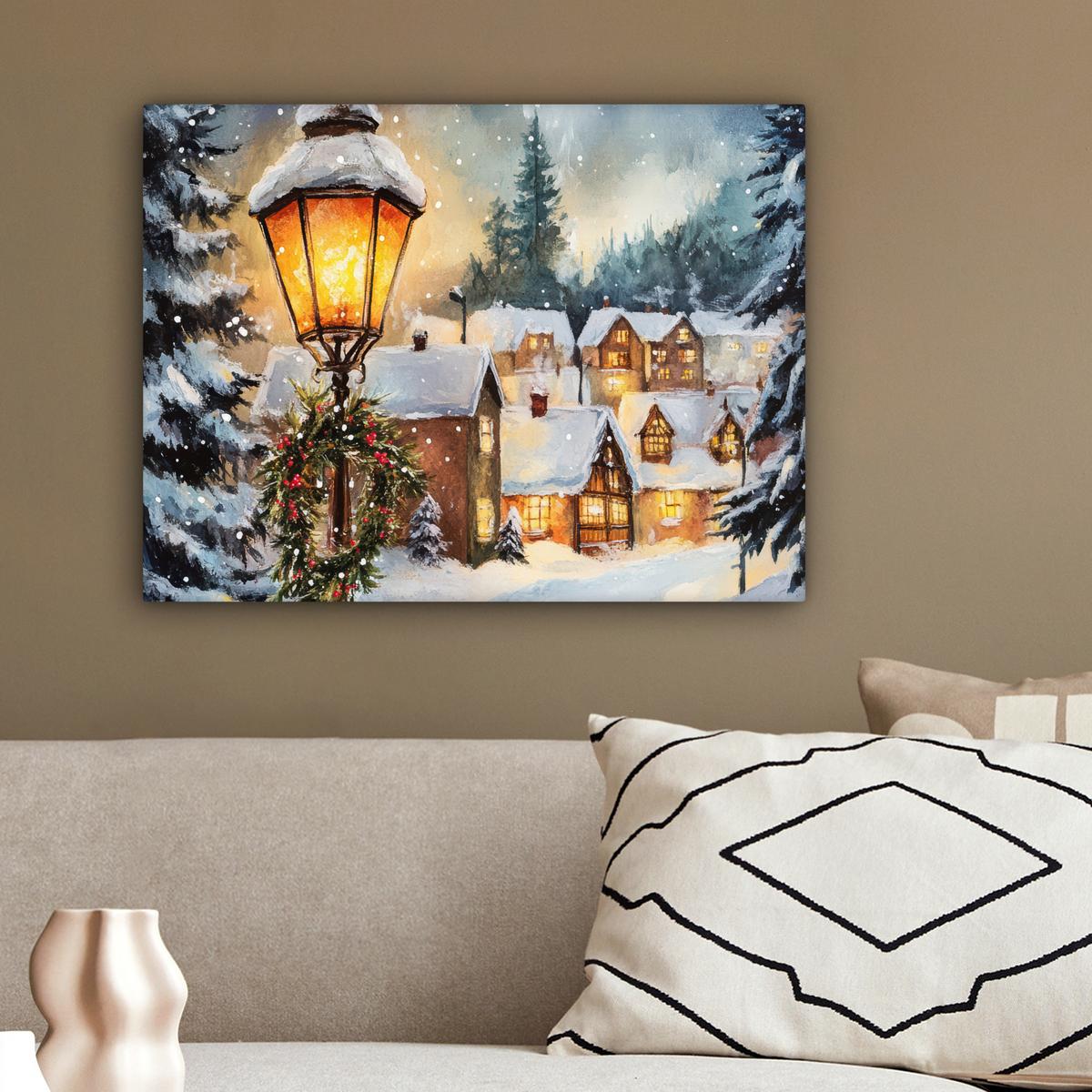 LEINWANDBILD Weihnachtsdorf - Häuser - Schnee - Weihnachten Wandbild 40x30 cm - Sandfarben, Textil (40/30cm) - MuchoWow