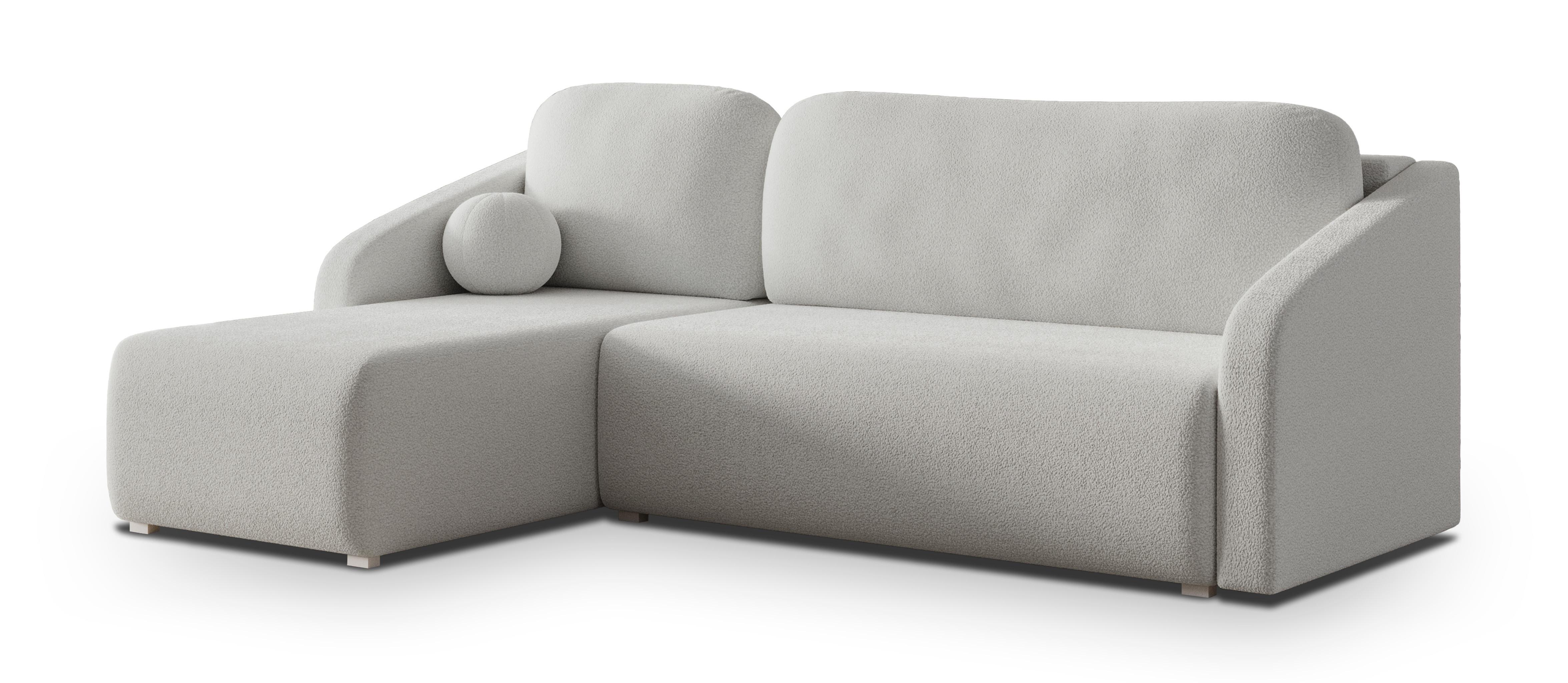ECKSOFA MARELLO Hellgrau Boucle-Stoff mit Schlaffunktion - Hellgrau, Holz (220/143cm) - MASSENO