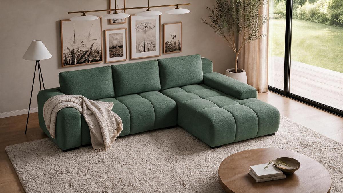 ECKSOFA Ovia mit Bettkasten und Schlaffunktion, Bouclé-Stoff in L-Form - Grün, Textil (270/185cm)