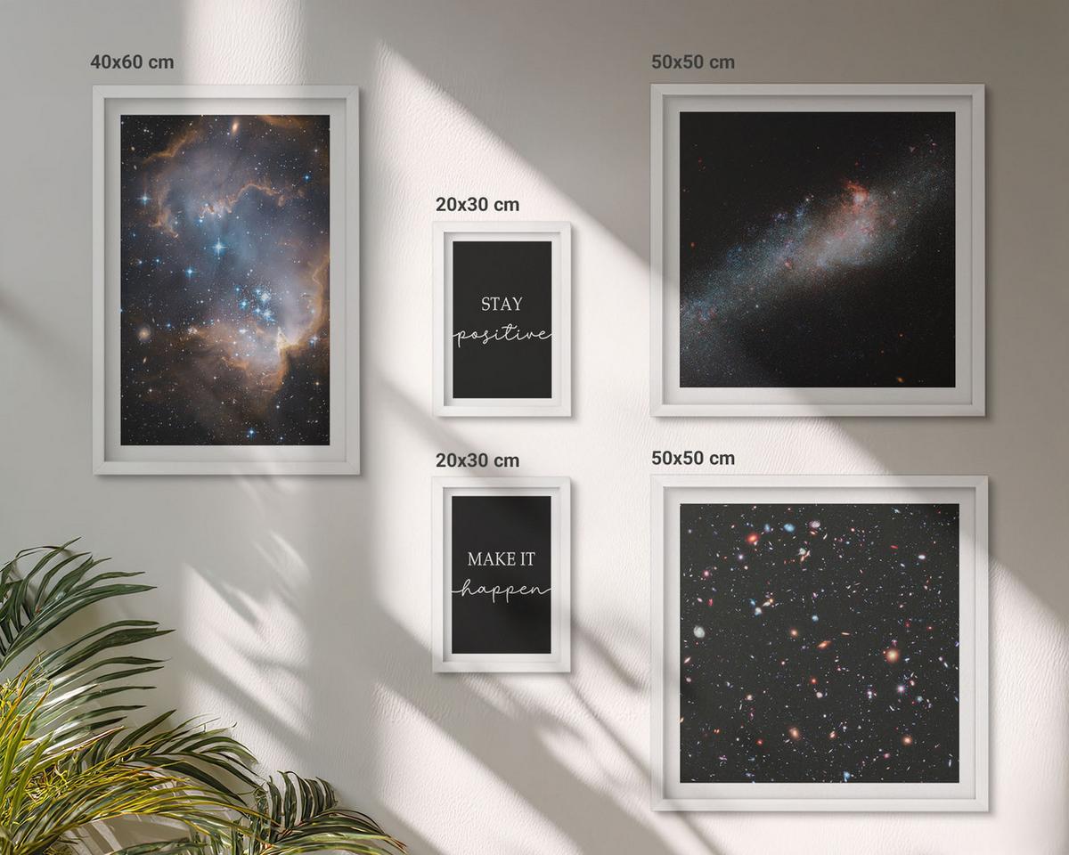 BILDER SET 5er Set - 50x50 cm & 20x30 cm & 40x60 cm Weißer Rahmen - Motivationsslogans Sterne Weltraum - Weiß, Kunststoff (40/60cm) - TULUP