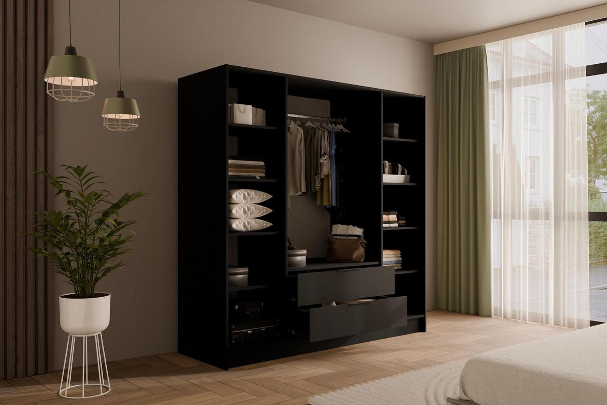 KLEIDERSCHRANK mit Spiegel und Flügeltüren KOLIN 200x200cm Schwarz - Schwarz, Holzwerkstoff (200/200/51cm) - ALTDECOR