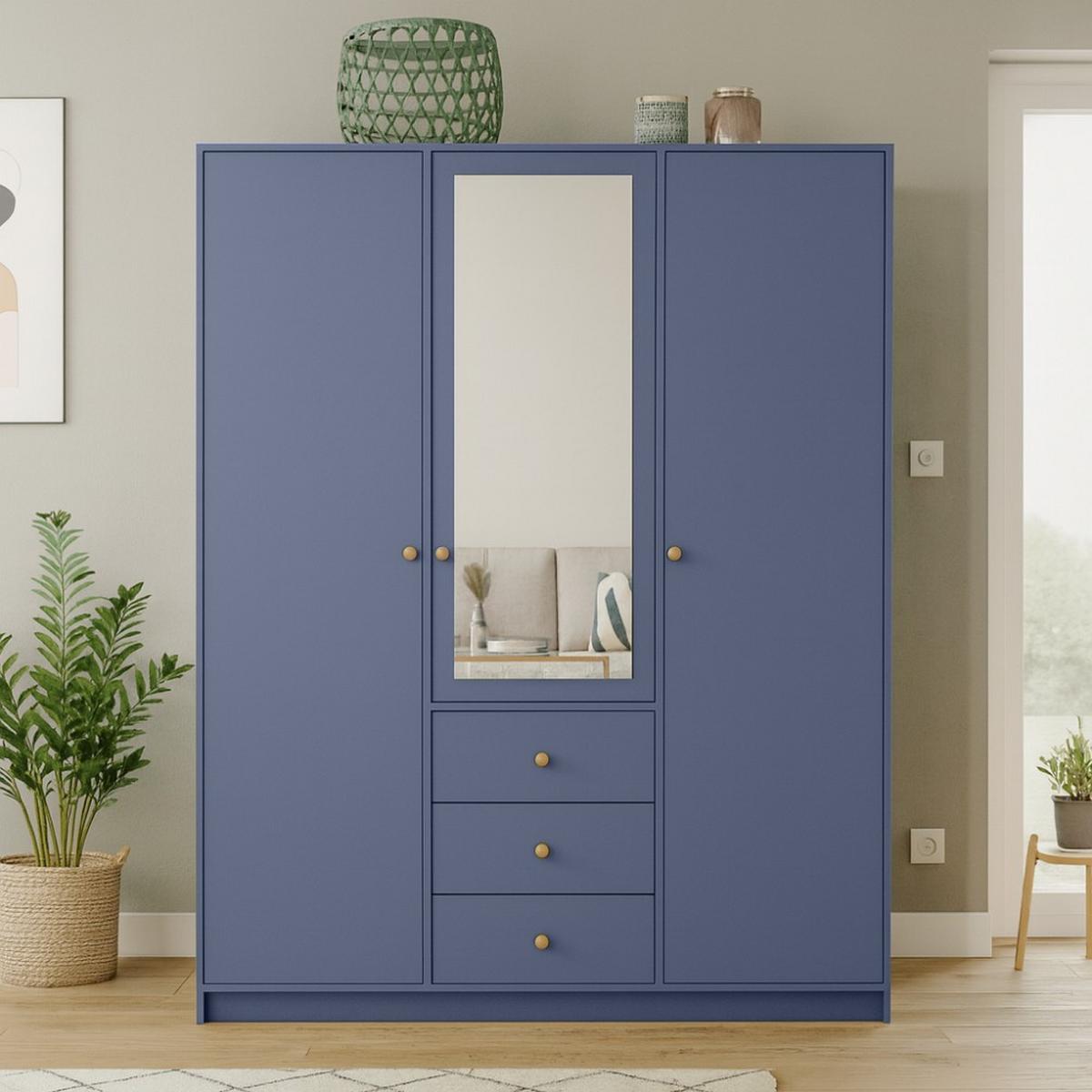 DREHTÜRENSCHRANK Solea Lux mit 3 Türen und 3 Schubladen, Blau - Blau/Goldfarben, Holzwerkstoff (150/200/57.5cm) - Beautysofa