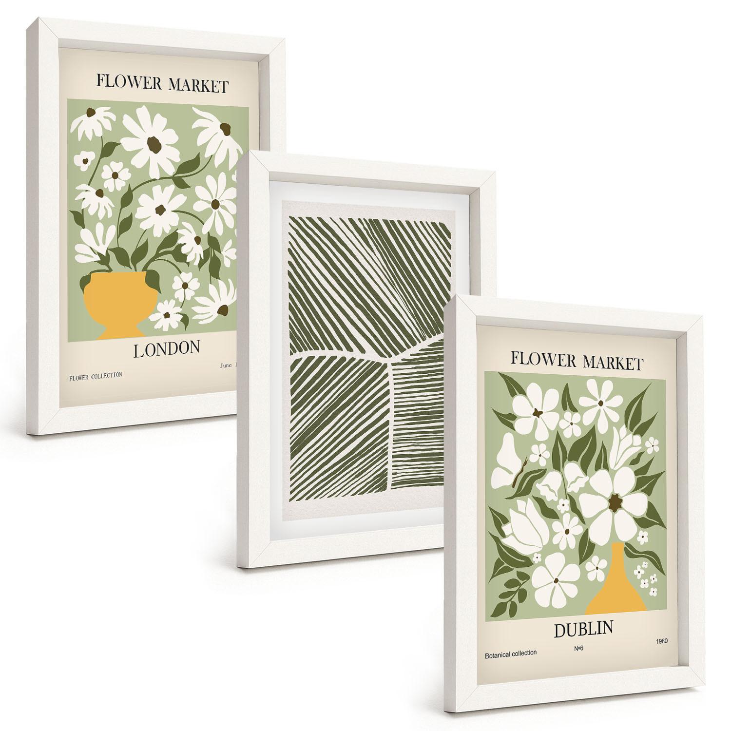 BILDER SET 3er Set - 20x30 cm Weißer Rahmen - Blumenmuster London Dublin - Weiß, Kunststoff (20/30cm) - TULUP