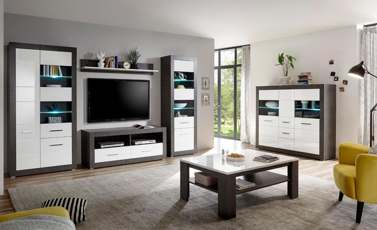 HIGHBOARD weiß Hochglanz, grau Stone 149 cm, Vitrine mit viel Stauraum - Chromfarben/Weiß Hochglanz, Glas/Holzwerkstoff (149/142/42cm) - Furn.Design