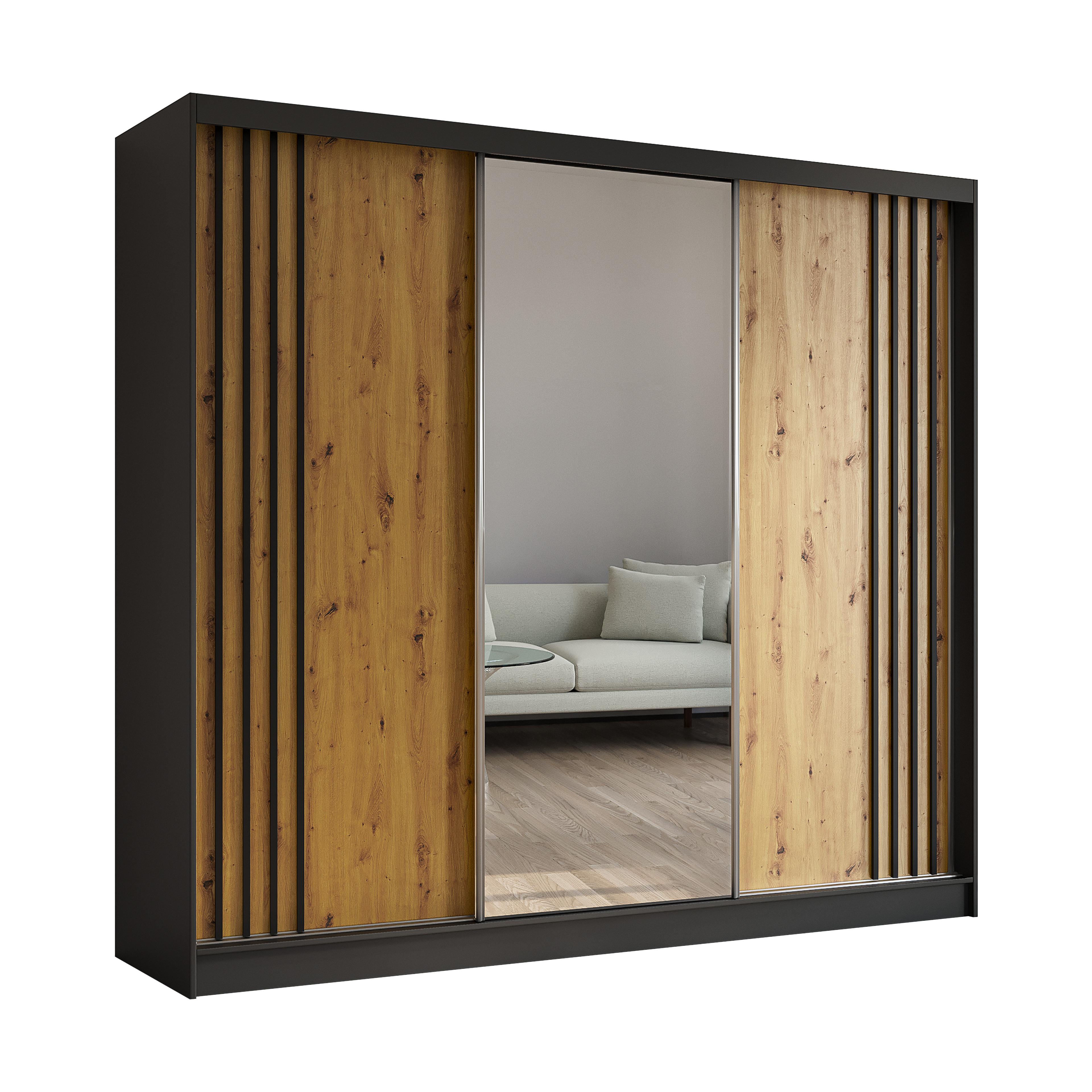 KLEIDERSCHRANK mit Spiegel-Schiebetüren und Aluminium-Leisten - NALLA - 240 cm Schwarz+Artisan+Schwarz - Schwarz/Eiche Artisan, Holzwerkstoff (240/216/61cm) - ALTDECOR