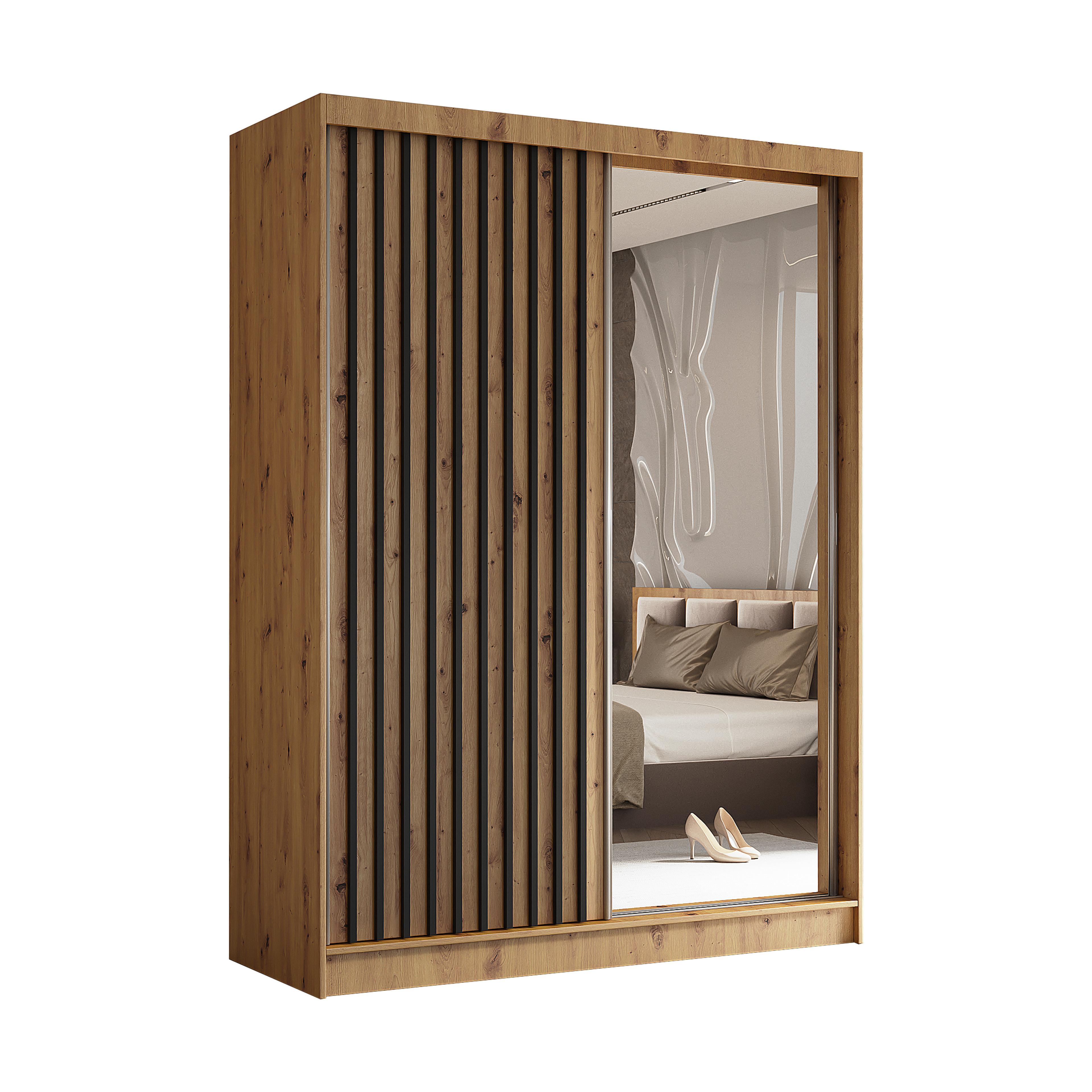 SCHWEBETÜRENSCHRANK LAMELLO 160/216/61 cm 2-türig mit Spiegel Eiche Artisan - Eiche Artisan, Holzwerkstoff (160/216/61cm) - MASSENO