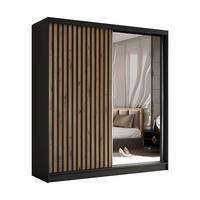 SCHWEBETÜRENSCHRANK LAMELLO 200/216/61 cm 2-türig mit Spiegel Schwarz - Schwarz/Eiche Artisan, Holzwerkstoff (200/216/61cm) - MASSENO