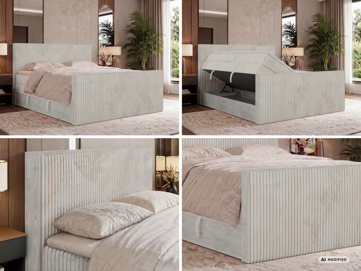 BOXSPRINGBETT NORDIC KING DUO 140/200 - Beige Cord - Topper Visco - H3 - Beige/Schwarz, Kunststoff/Textil (140/200cm) - MKS