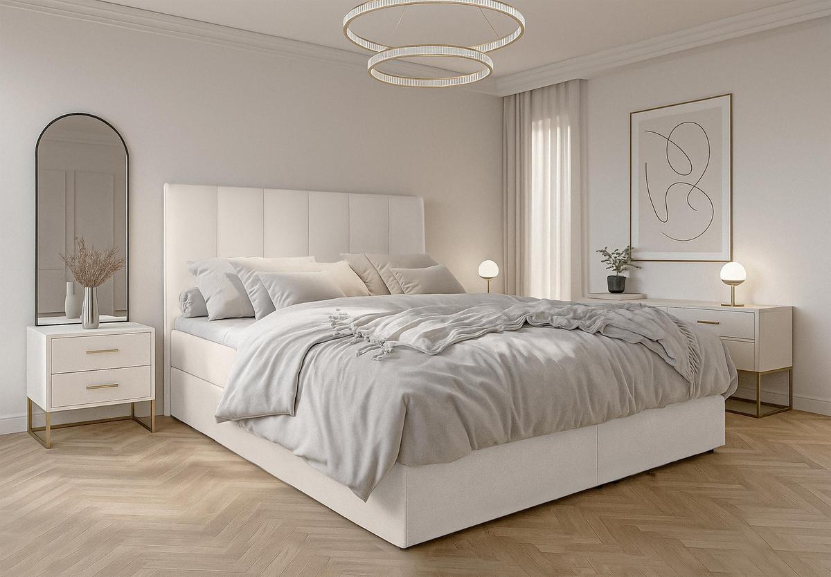 BOXBETT MEREA 160x200 cm mit Bettkasten und Matratze - Beige + TOPPER - Beige/Schwarz, Holz/Holzwerkstoff (160/200cm) - AX Living
