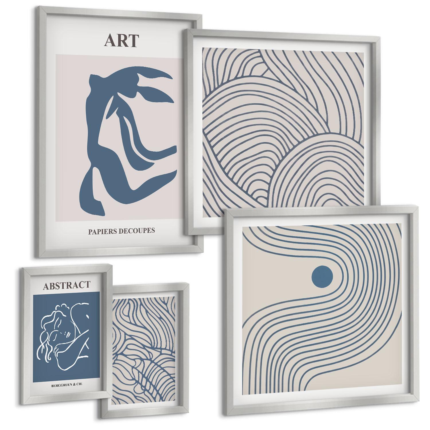 BILDER SET 5er Set - 50x50 cm & 20x30 cm & 40x60 cm Silberner Rahmen - Abstrakte blaue Linien - Silberfarben, Kunststoff (40/60cm) - TULUP
