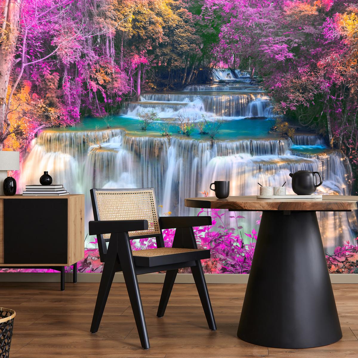 FOTOTAPETE für Schlafzimmer Wasserfall Pinker Wald Fantasie 300x210 - Türkis/Beige, Papier (300/210cm) - Muralo