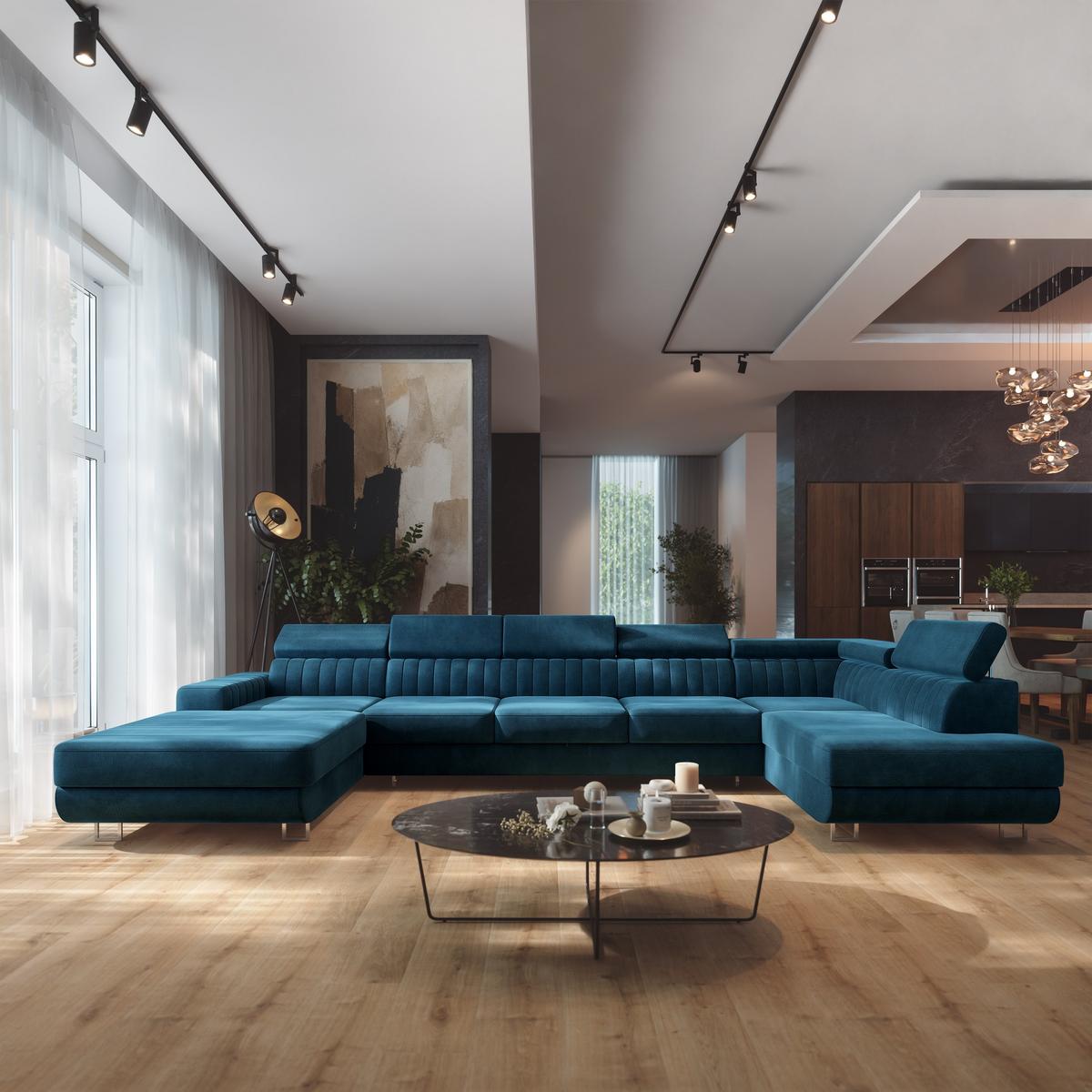 WOHNLANDSCHAFT GAIAN Blau Velours-Stoff mit Schlaffunktion - Blau, Holz (412/88/190cm) - MASSENO