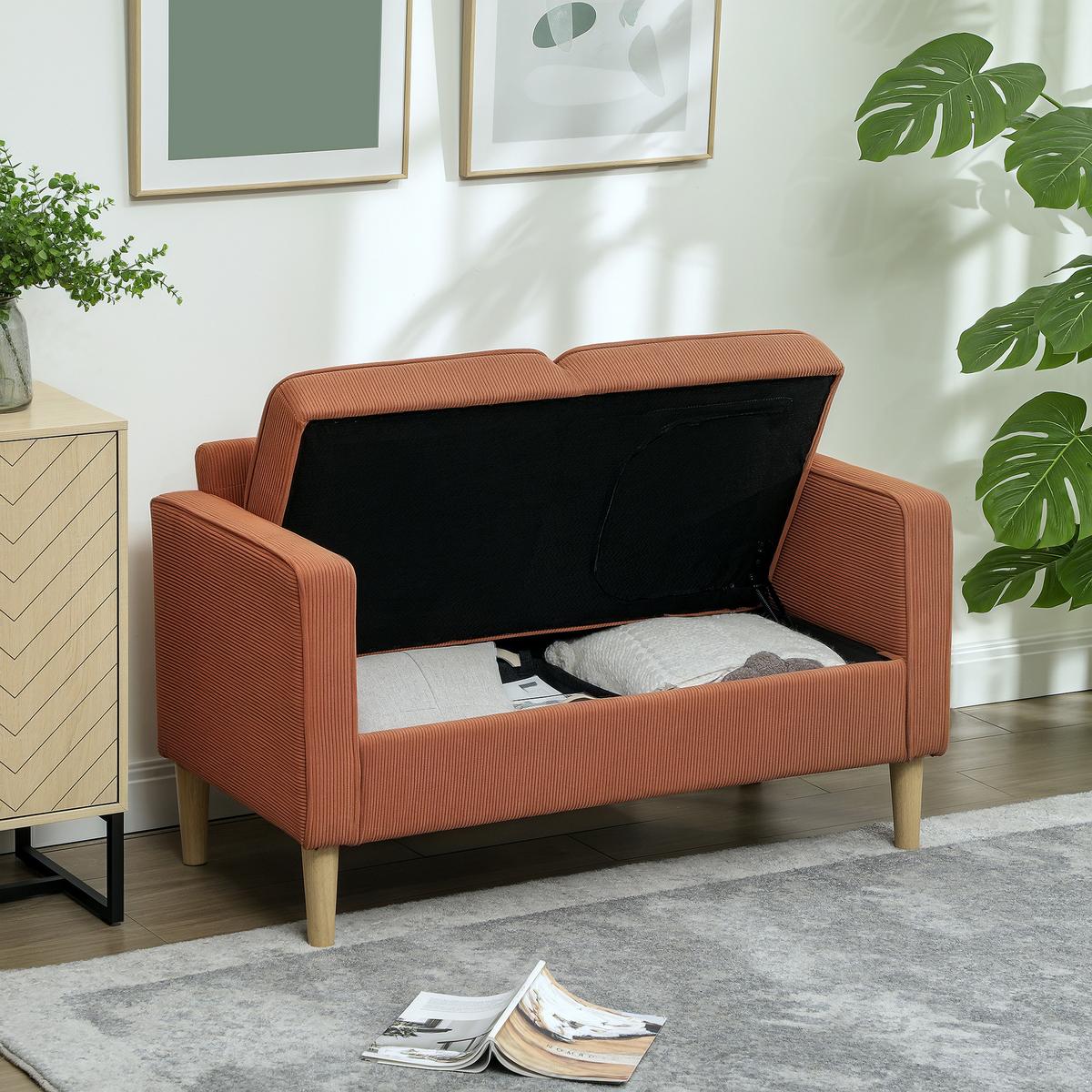 SOFA 2 Sitzer klein Couch mit Armlehne, Stauraum für Wohnzimmer, Orange - Orange/Naturfarben, Holz/Textil (63/79/117cm) - HOMCOM