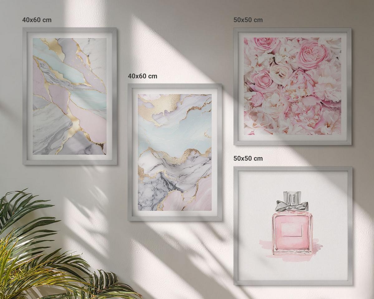 BILDER SET 4er Set - 50x50 cm & 40x60 cm Silberner Rahmen - Rosa Blumen Marmor Pastell - Silberfarben, Kunststoff (50/50cm) - TULUP