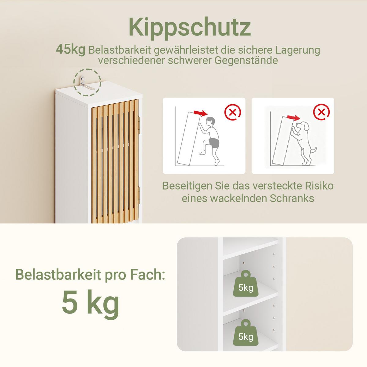 HOCHSCHRANK aus Holz, Schmal Weiß, 20x20x180cm, 20 cm breit, 6 Böden, für Bad & WC - Weiß/Naturfarben, Holzwerkstoff (20/180/20cm) - SoBuy