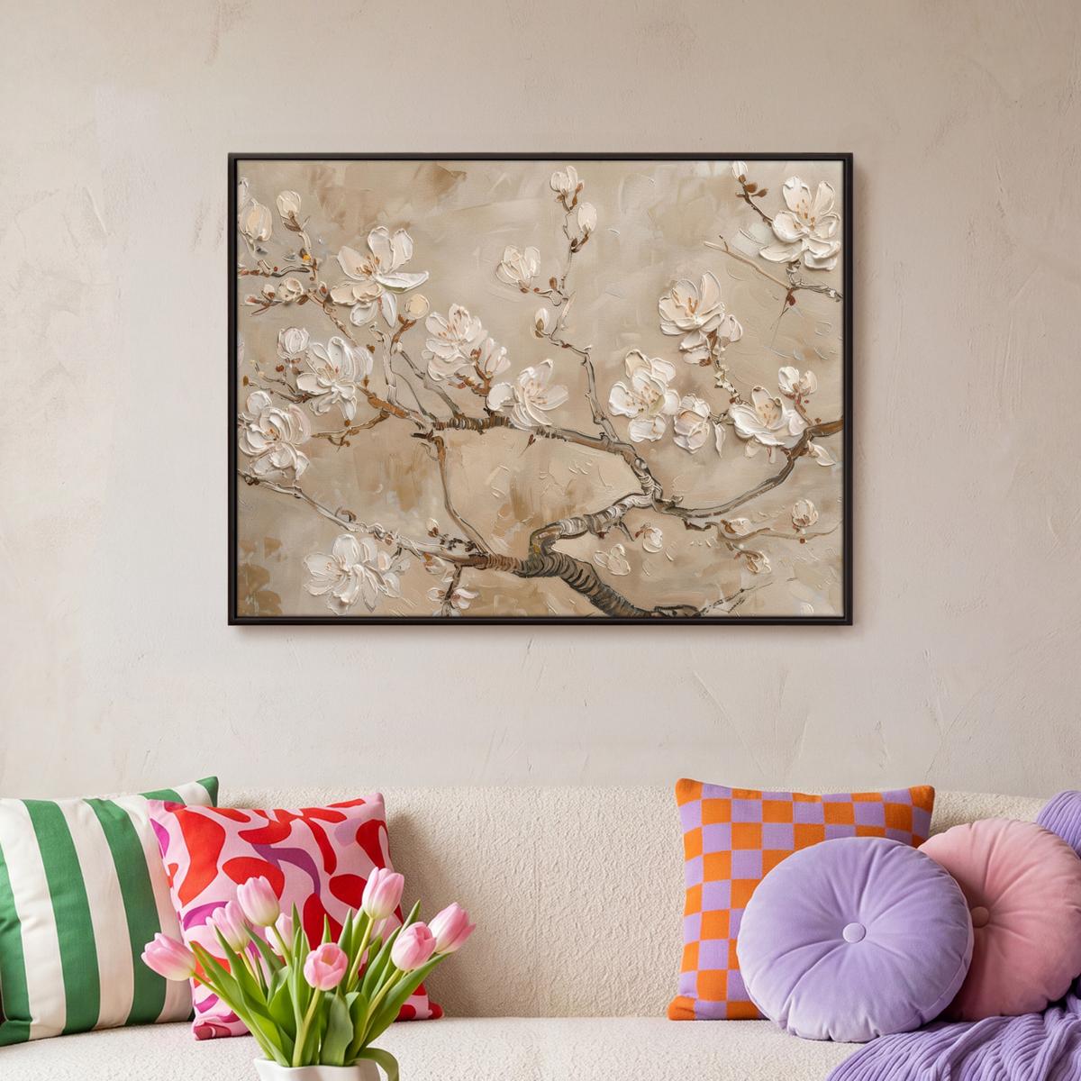 LEINWAND Bilder mit Rahmen - Blumen - Modern - Beige - Weiß - Blüte - 70x50 - Beige, Textil (70/50cm) - MuchoWow