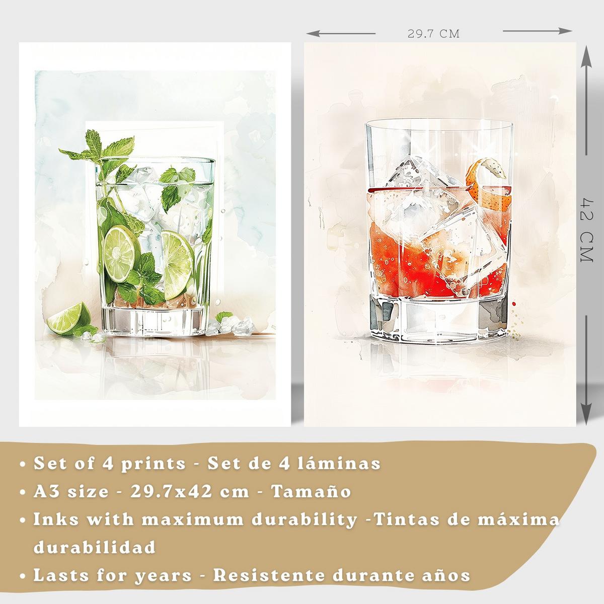 POSTER 4er Set Cocktails und Wein Wandbilder Bunte Gläser Negroni Tropical Aquarell Bar Küche Deko Leichter Holzrahmen A3 - Beige, Papier (29.7/1/42cm) - Nacnic