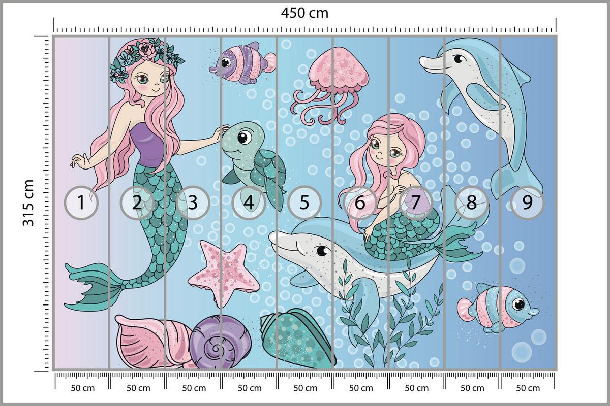 FOTOTAPETE für Kinderzimmer Meerjungfrauen Delfine Fische Muscheln Qualle Schildkröte 450x315 - Multicolor, Papier (450/315cm) - Muralo