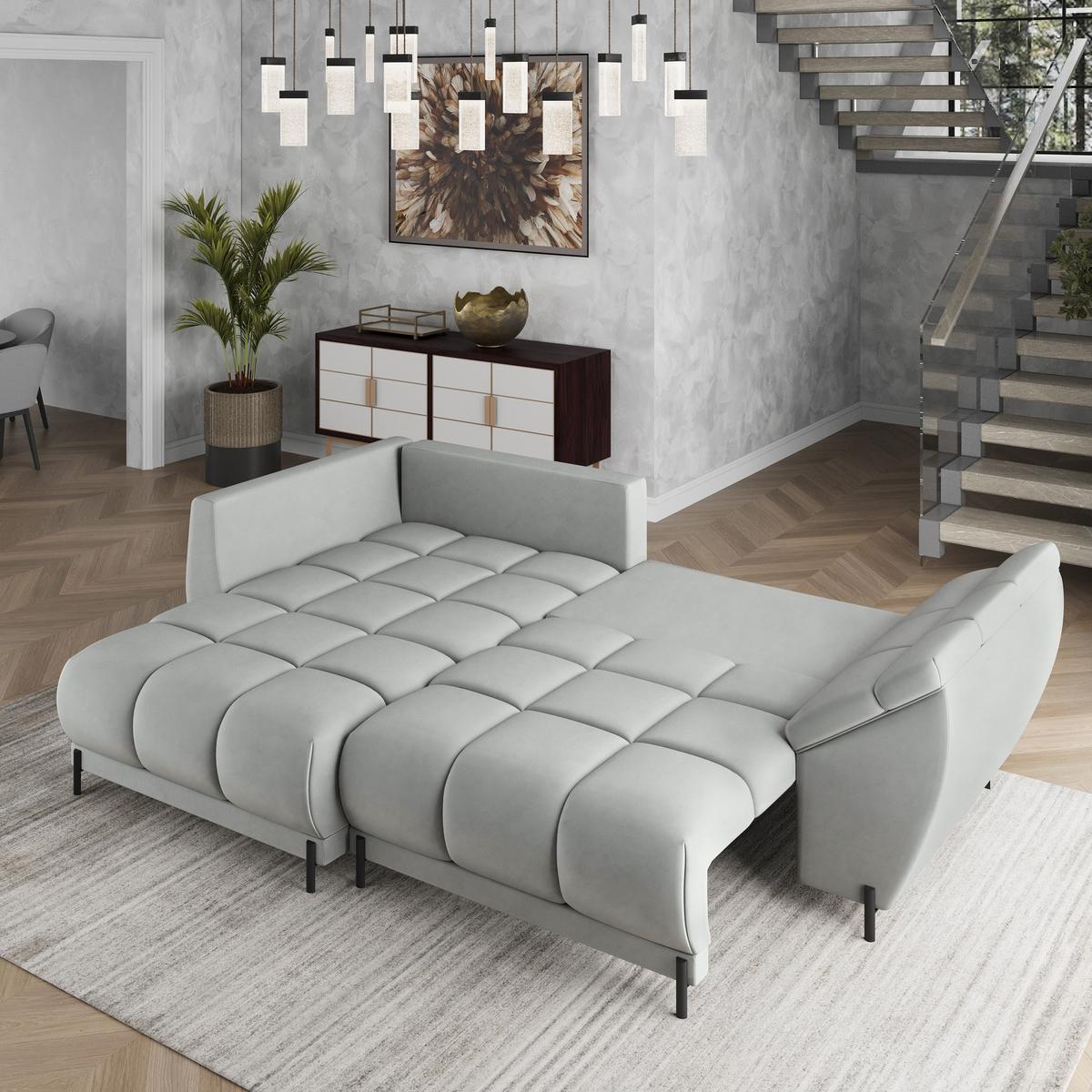 ECKSOFA VESTANO L-S Hellgrau Velours-Stoff mit Schlaffunktion - Hellgrau, Holz (287/182cm) - MASSENO