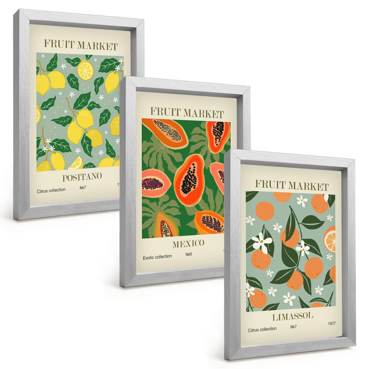 BILDER SET 3er Set - 20x30 cm Silberner Rahmen - Fruchtposter Zitronen Papayas - Silberfarben, Kunststoff (20/30cm) - TULUP
