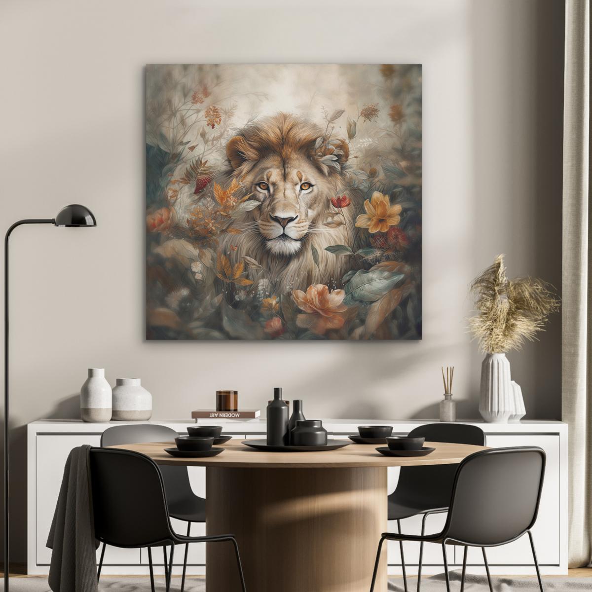 AKUSTIKBILD Löwe - Wildtiere - Pflanzen - Natur - Blumen Akustikpaneele 90x90 cm - Beige, Kunststoff (90/90/0.9cm) - MuchoWow