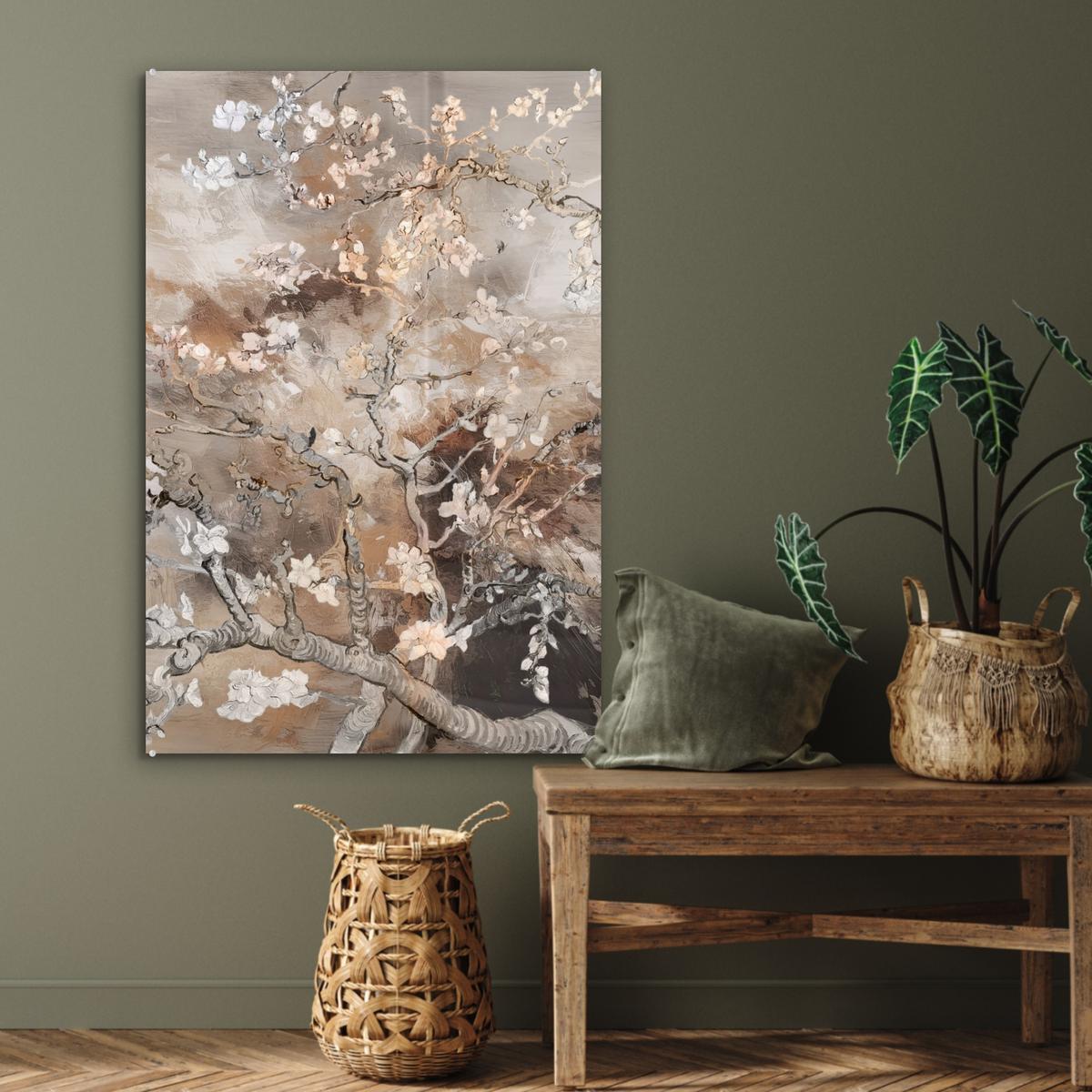 ACRYLGLASBILD Mandelblüte - Kunst - Van Gogh - Beige - Abstrakt 80x120 cm - Braun, Glas (80/120cm) - MuchoWow