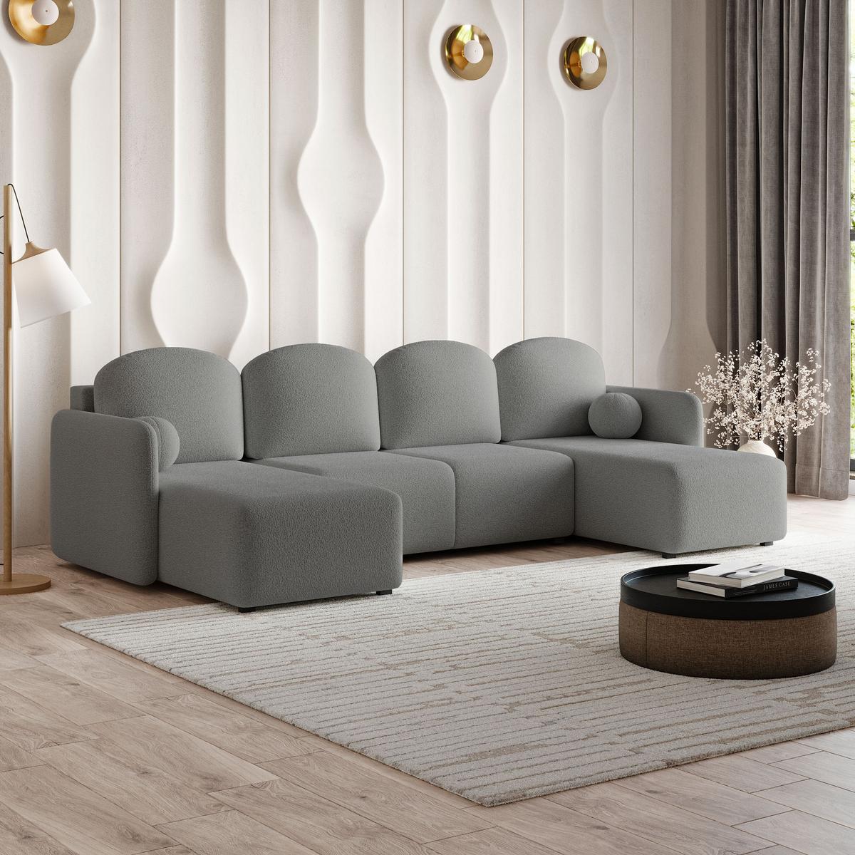 WOHNLANDSCHAFT NUBERO Grau Boucle-Stoff mit Schlaffunktion - Grau, Holz (285/85/143cm) - MASSENO