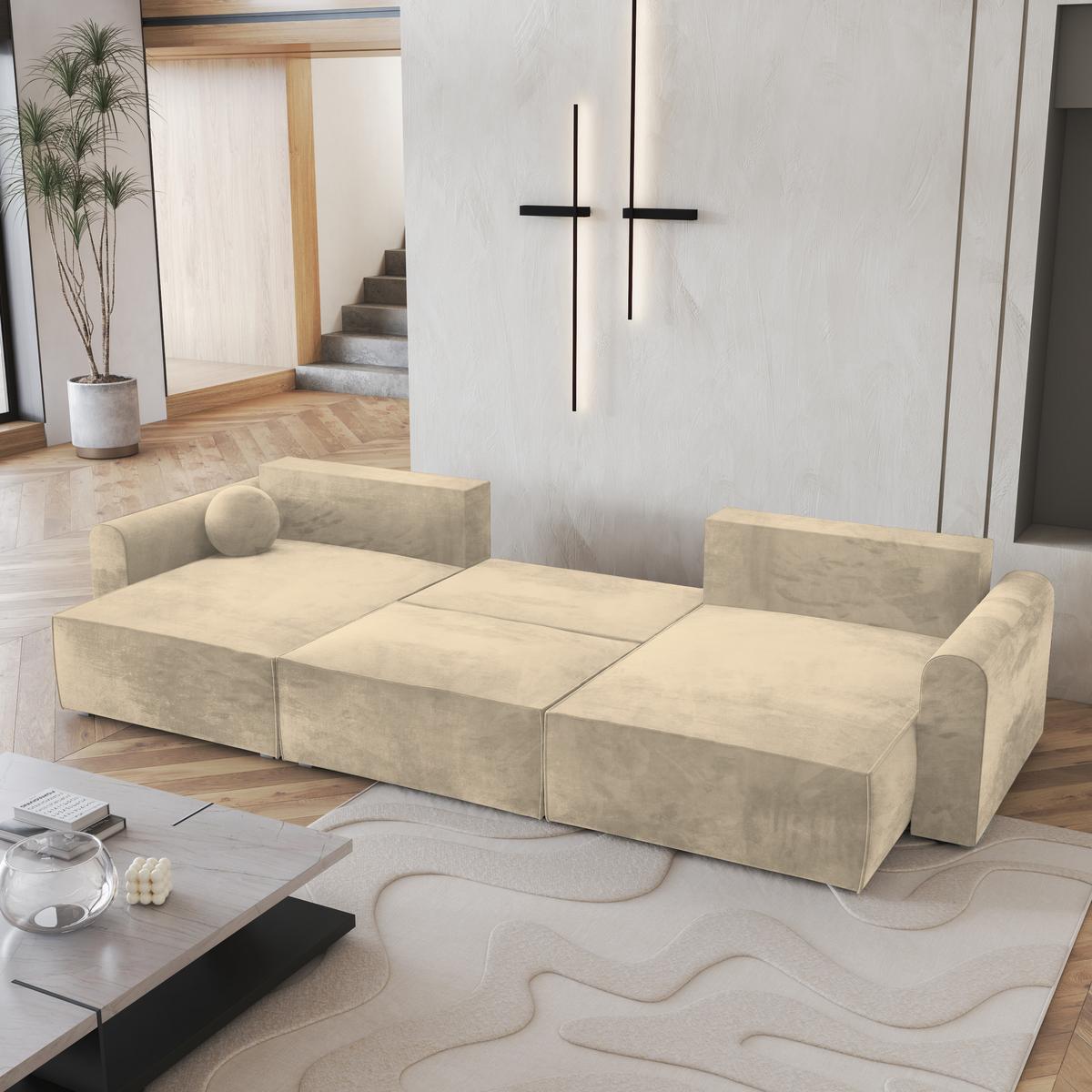 WOHNLANDSCHAFT FENTO M Creme Velours-Stoff mit Schlaffunktion - Creme/Grau, Holz/Kunststoff (347/90/148cm) - MASSENO