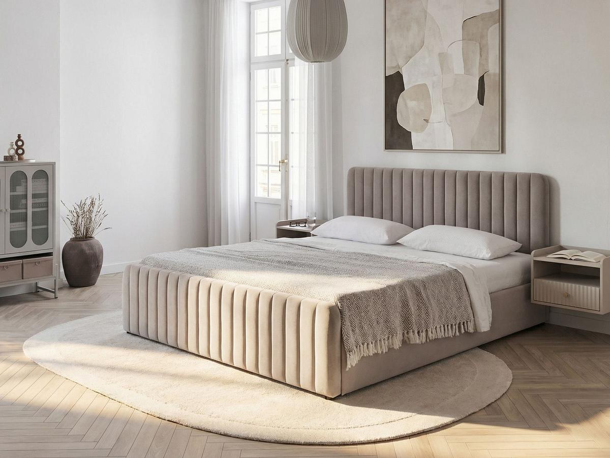 BETT mit Stauraum 180/200 Stoff Taupe Lunan - Taupe, Textil (180/200cm) - Beliani