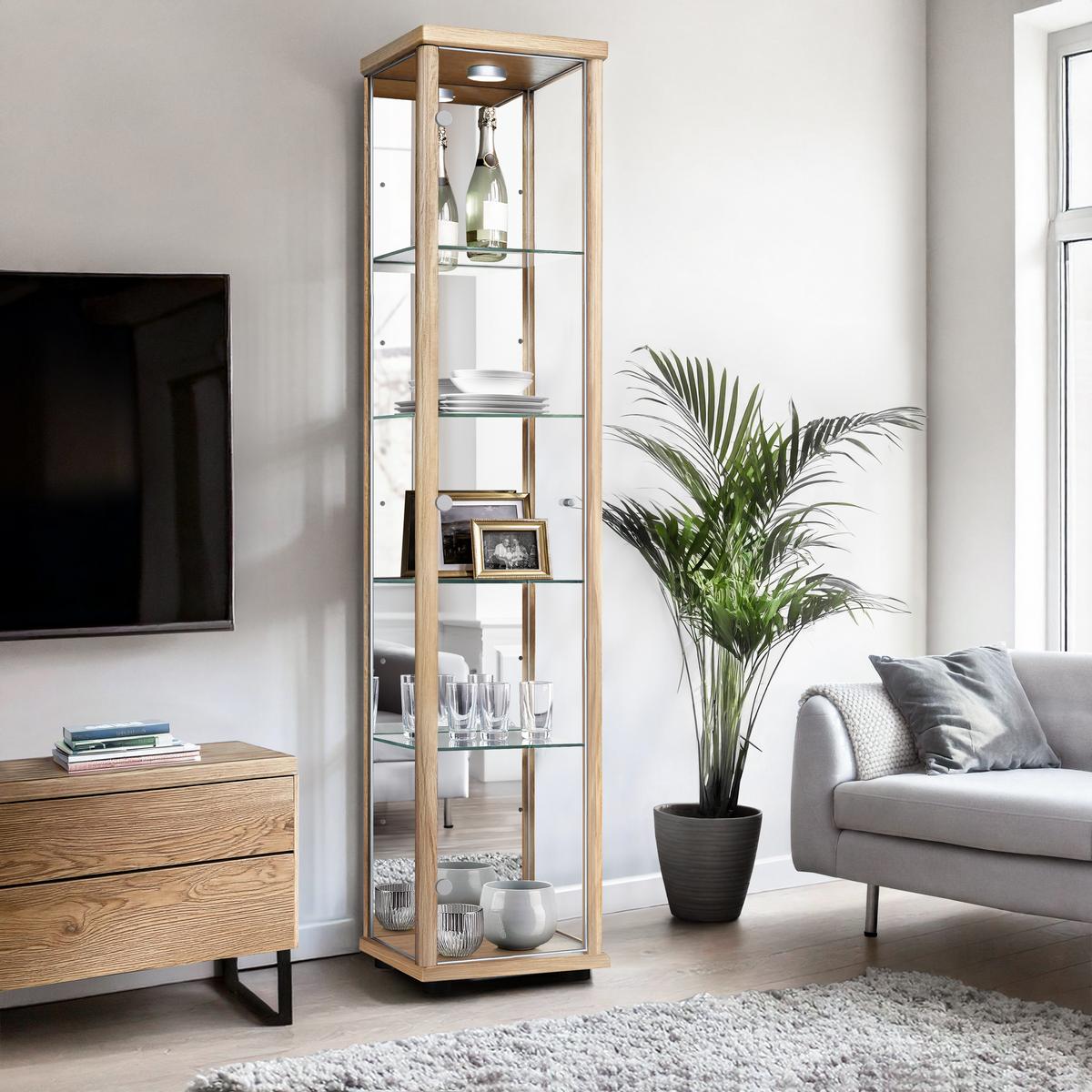 GLASVITRINE 33/37/176 cm mit Spiegel, LED & 4 höhenverstellbaren Glasböden - Transparent/Silberfarben, Glas/Holzwerkstoff (37/176/33cm) - K-Möbel