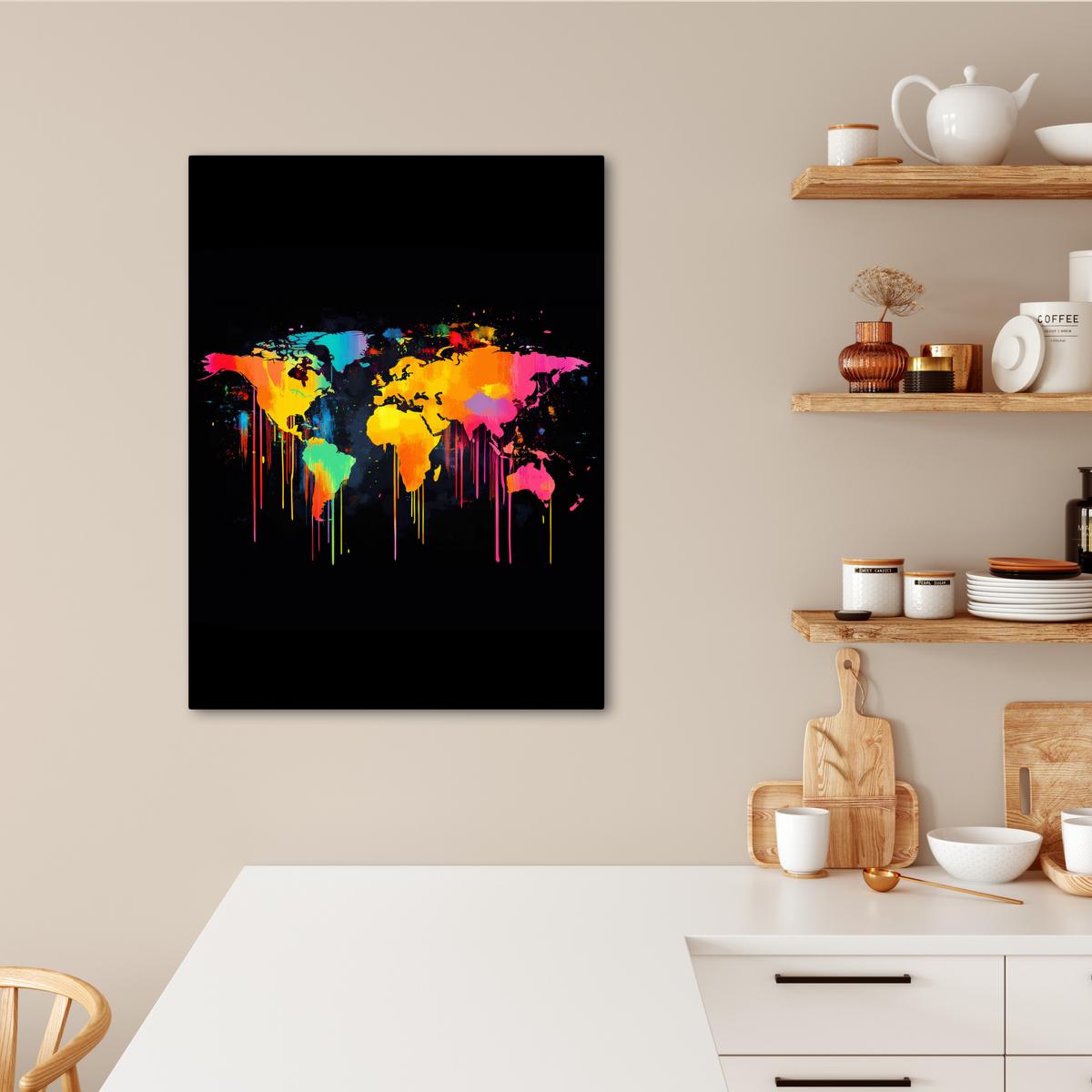 LEINWANDBILD Weltkarte - Farbe - Bunt - Graffiti - Welt Wandbild Wohnzimmer 60x80 cm - Multicolor, Textil (60/80cm) - MuchoWow