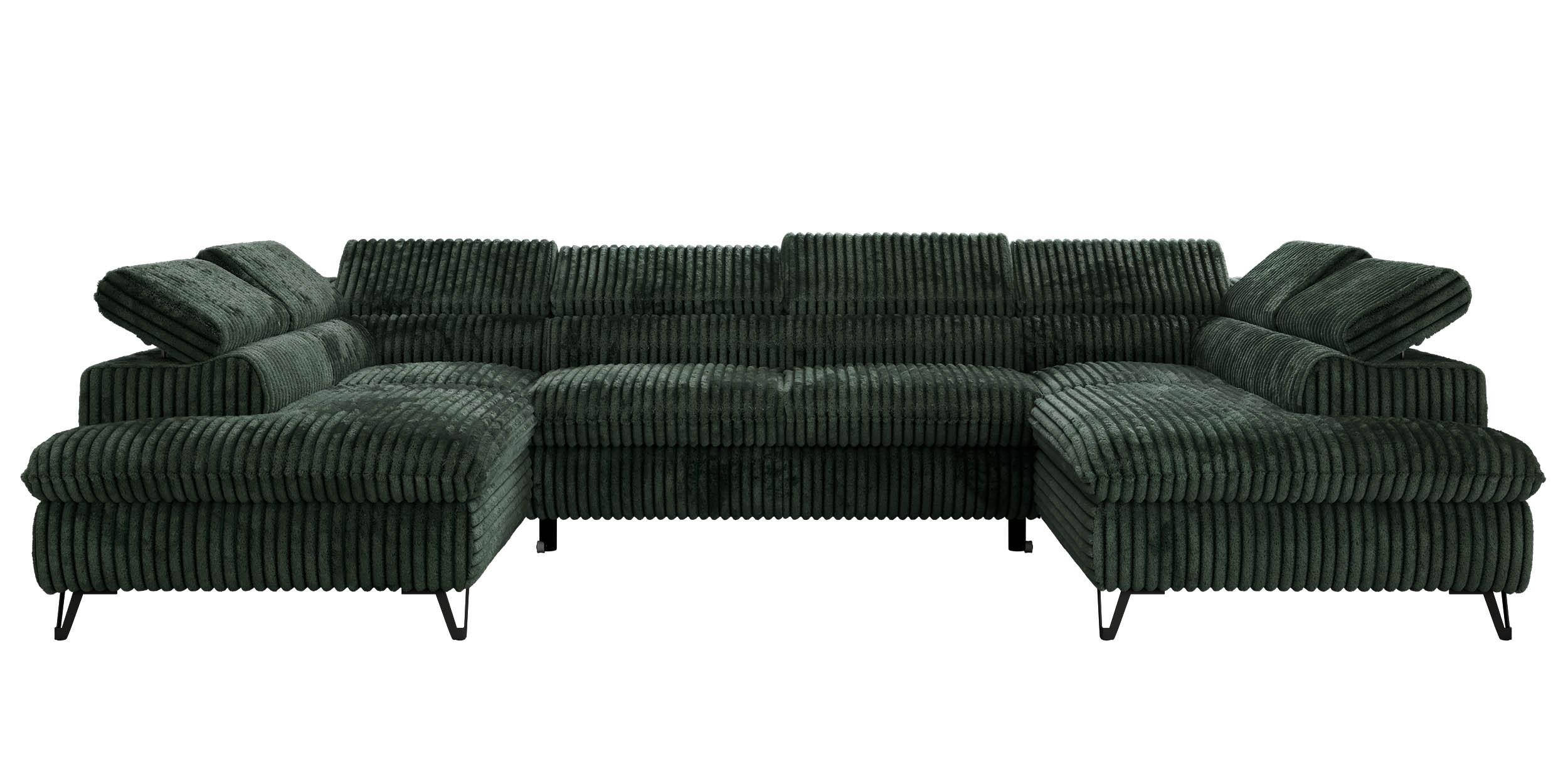 WOHNLANDSCHAFT PABLO U Cord Dunkelgrün mit Topper Visco - Schwarz/Grün, Textil/Metall (346/76/208cm) - MKS