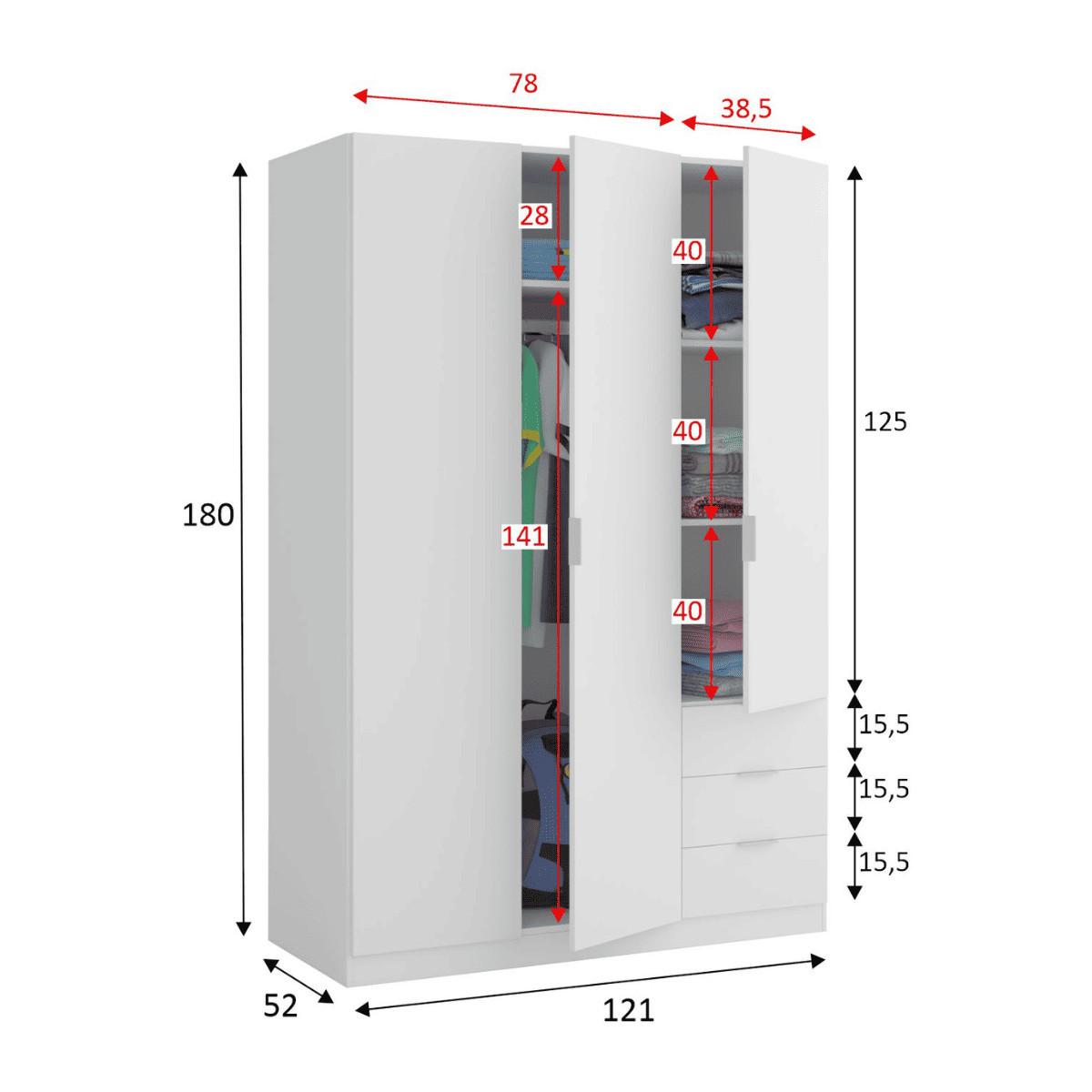 SCHRANK mit 3 Türen und 3 Schubladen, weiß 121/180/52 cm - Weiß, Holzwerkstoff (121/180/54cm) - Calicosy