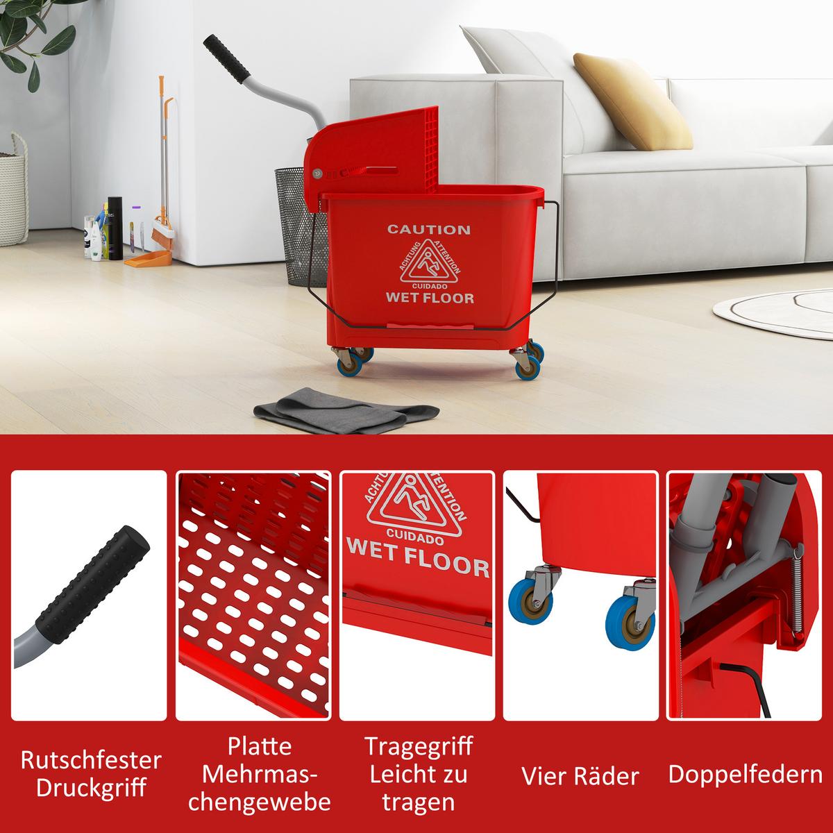 HOMCOM Kompakter Wischeimer mit Wringer und Rollen für die Bodenreinigung, 20 Liter, Separates schmutziges und sauberes Wasser, Rot - Rot, Kunststoff (27/70.5/60cm) - HOMCOM