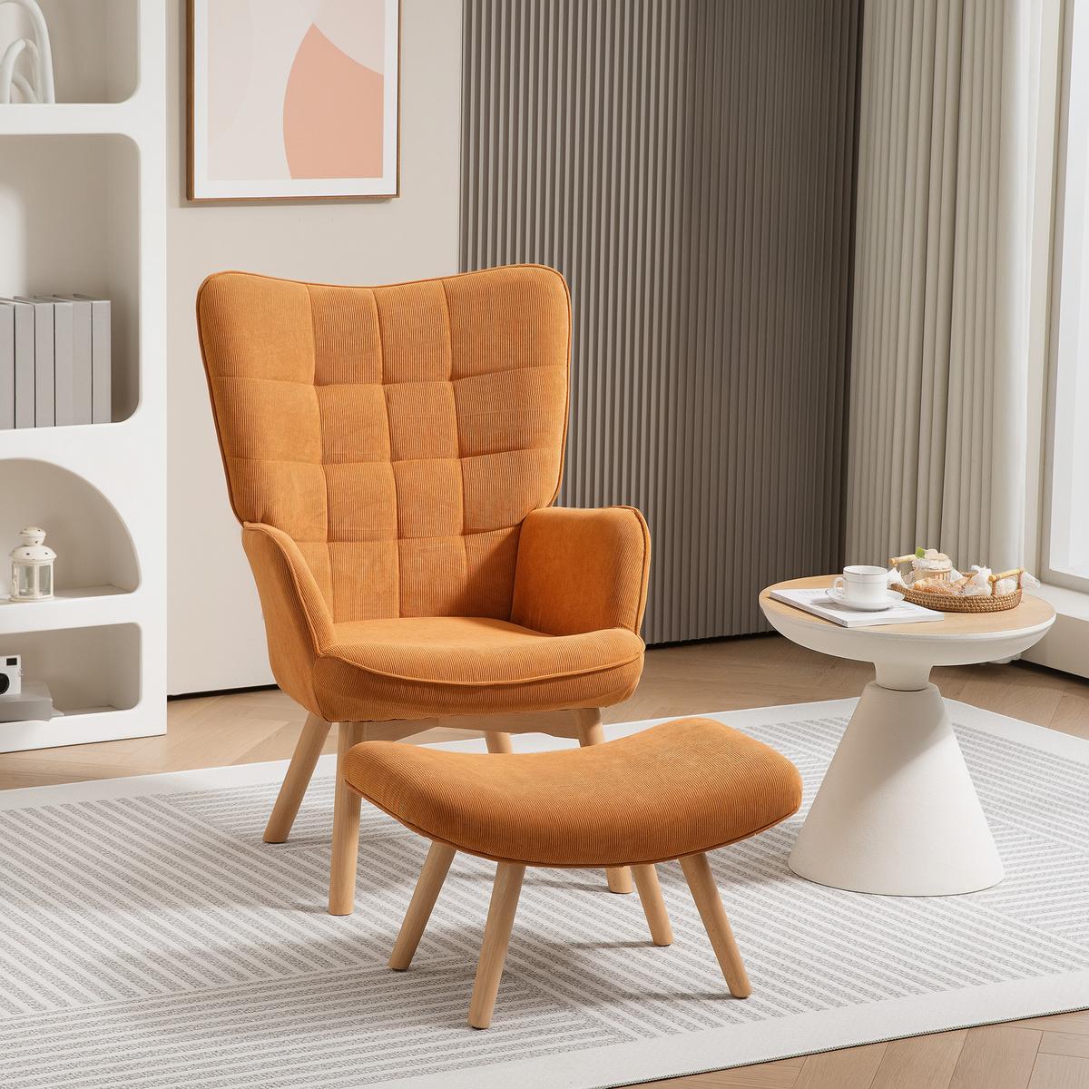 SESSEL mit Hocker, Ohrensessel mit Hoher Rückenlehne, Holzbeine, Cord, Braun - Buchefarben/Bernsteinfarben, Buchenholz/Textil (80/101/72cm) - HOMCOM