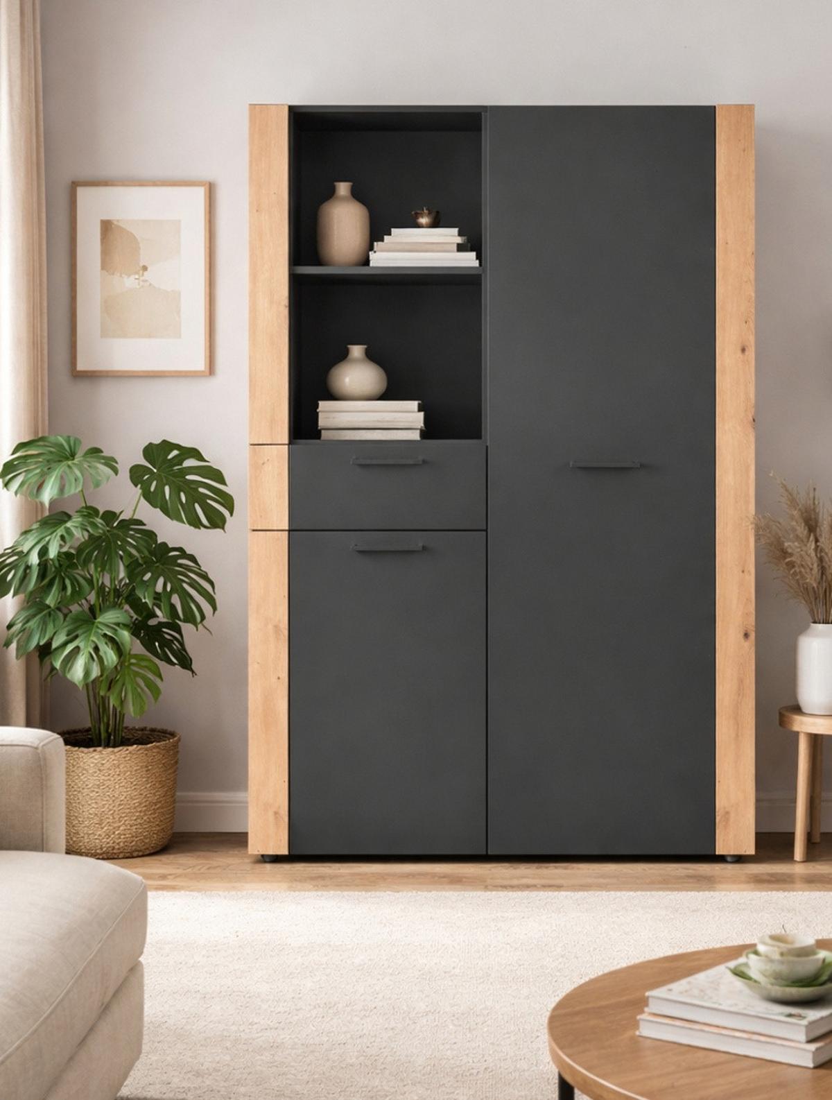 HIGHBOARD grau, Artisan Eiche 100 x 155 cm, Kommode mit viel Stauraum - Anthrazit/Schwarz, Holzwerkstoff/Kunststoff (100/155/34.5cm) - Furn.Design