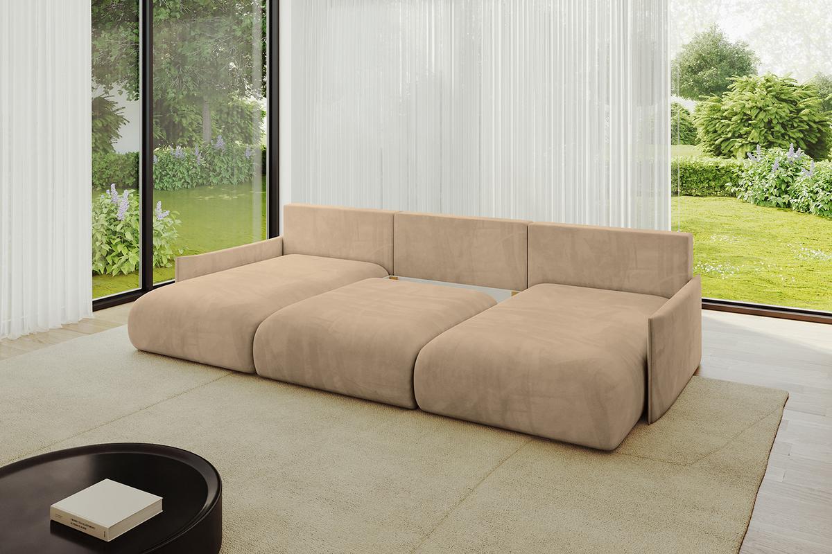 WOHNLANDSCHAFT mit Schlaffunktion und Bettkasten ONESK-U-v1 317x177x72 Beige Velours - Beige, Holzwerkstoff/Kunststoff (317/72/177cm) - ALTDECOR