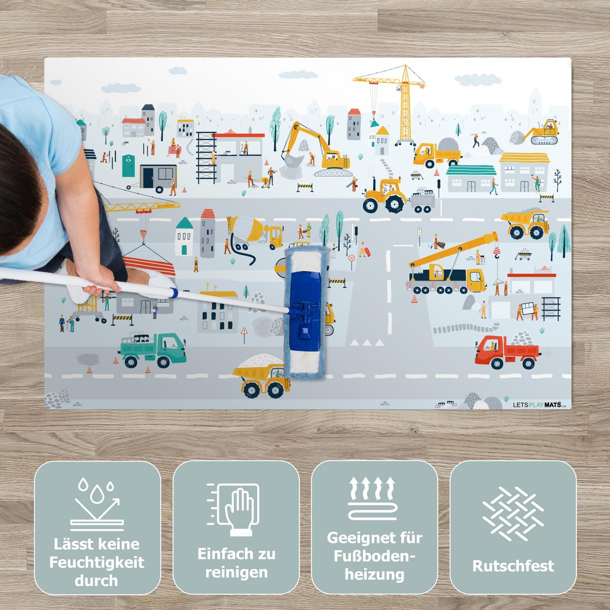 KINDERTEPPICH Baustelle - Traktor - Bagger - Auto - Design Spielmatte 105x70 cm - Hellblau, Kunststoff (105/0.3cm) - OnlyWow