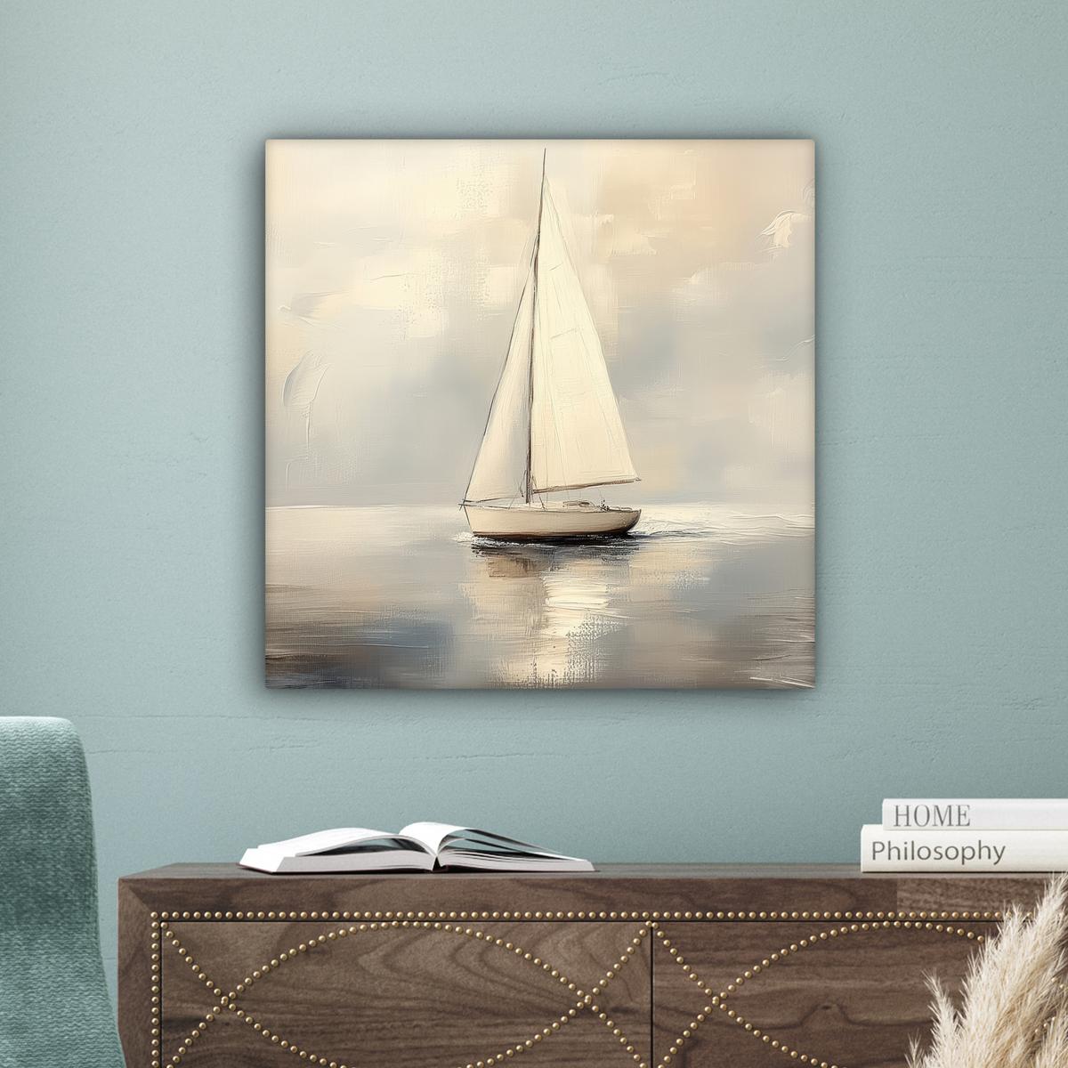 LEINWANDBILD Segelschiff - Meer - Bewölkt Wandbild Wohnzimmer 50x50 cm - Creme, Textil (50/50cm) - MuchoWow