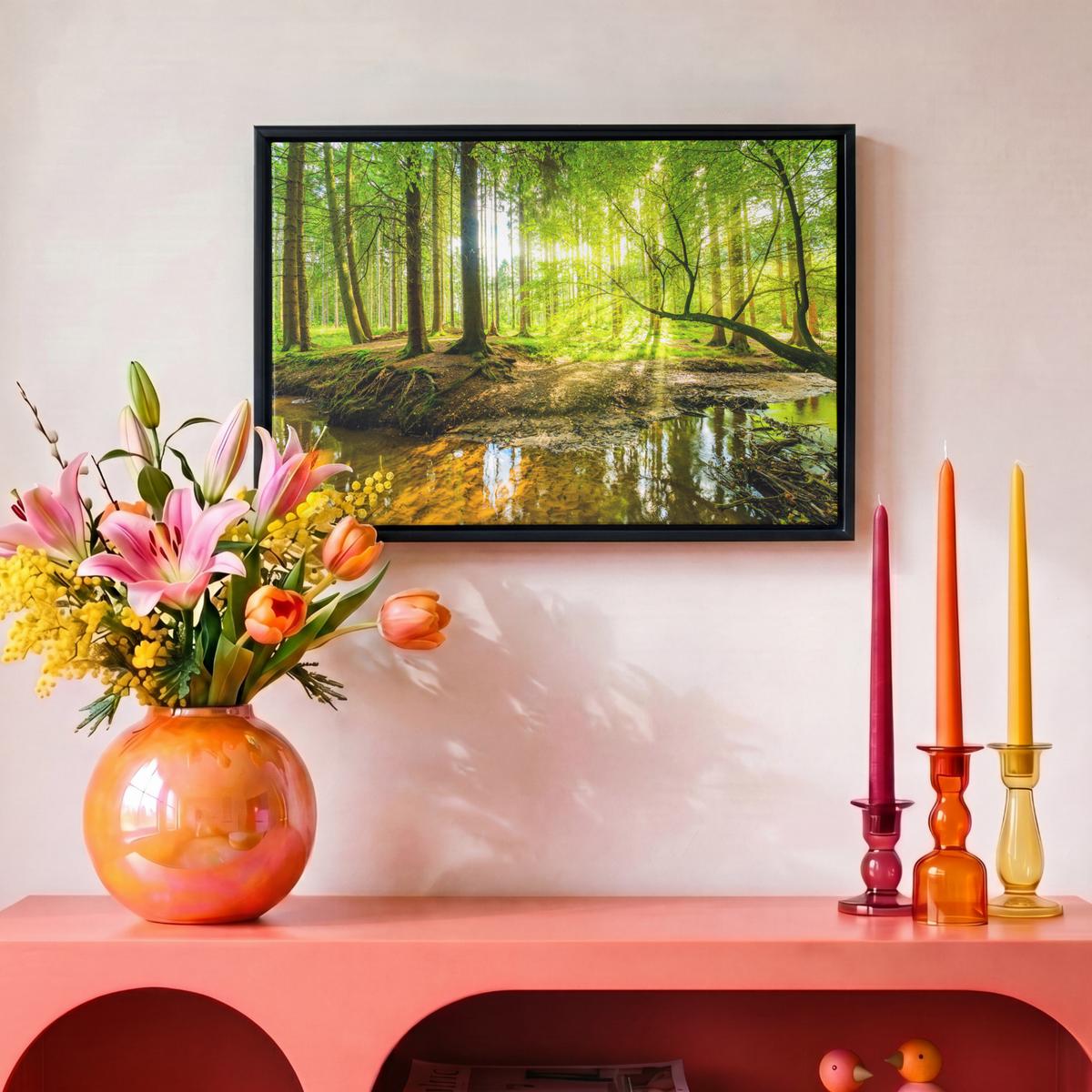 LEINWAND Bilder mit Rahmen - Wald - Landschaft - Wasser - Bäume - Sonne - Grün - Natur - 30x20 - Grün, Textil (30/20cm) - MuchoWow
