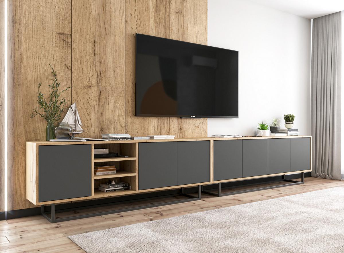 TV-LOWBOARD Apollo Eiche wotan Graphit Matt 150/53/35 cm - Graphitfarben/Schwarz, Holzwerkstoff/Metall (150/53/35cm) - Meble Lindner