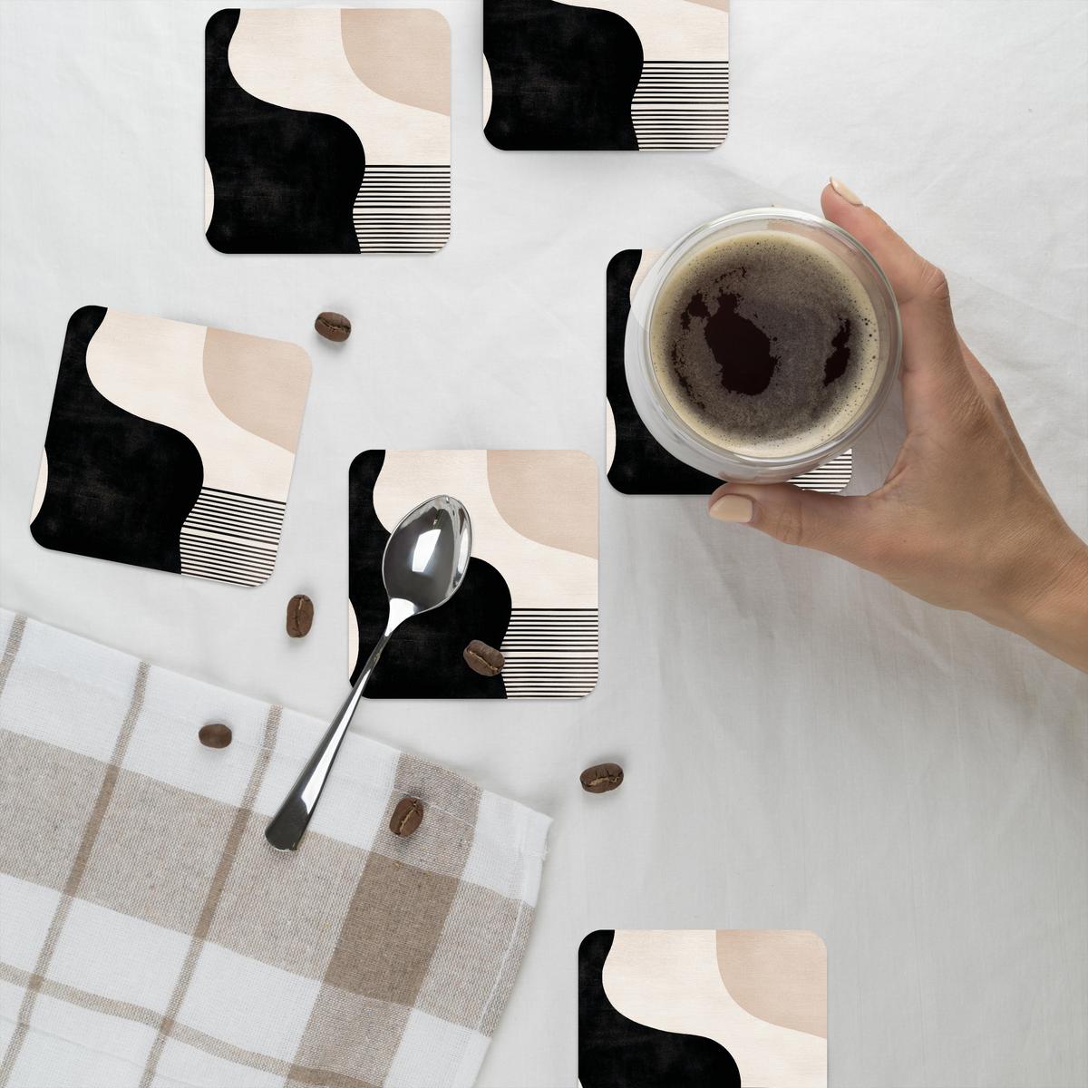 GLASUNTERSETZER 6er-Set Abstrakt - Japandi - Beige - Modern Tischuntersetzer 10x10 cm - Schwarz, Naturmaterialien (10/0.2cm) - MuchoWow