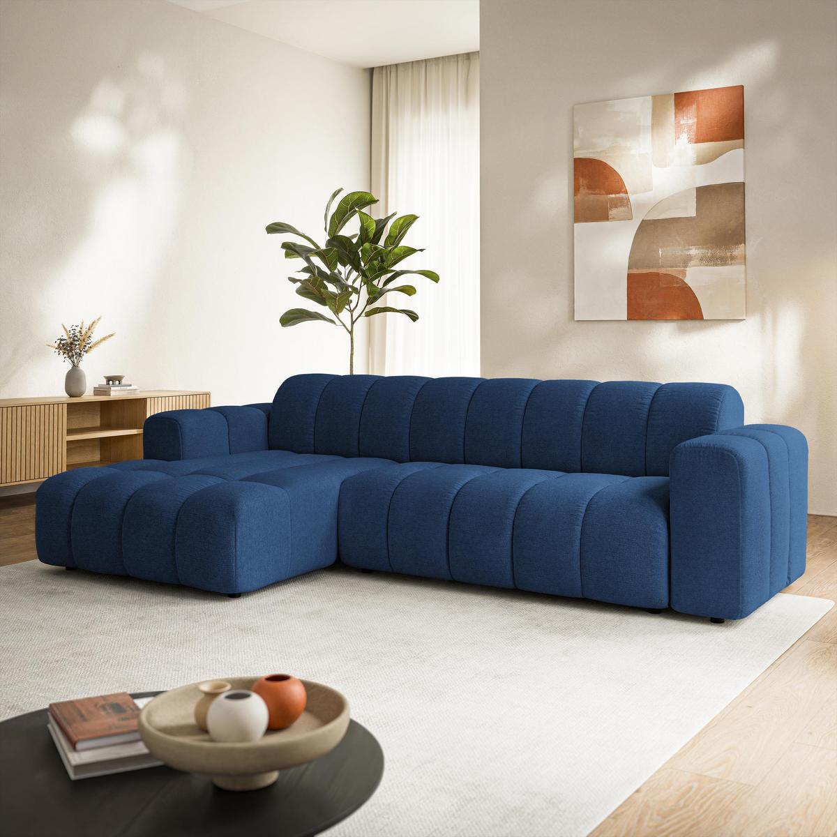 ECKSOFA SETIA Blau Strukturstoff mit Schlaffunktion - Blau, Holz (304/165cm) - MASSENO